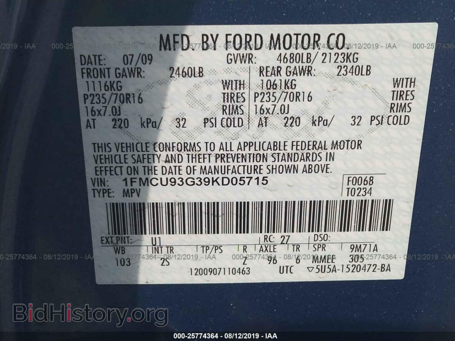 2009 FORD ESCAPE - VIN: 1FMCU93G39KD05715 - Фото 9