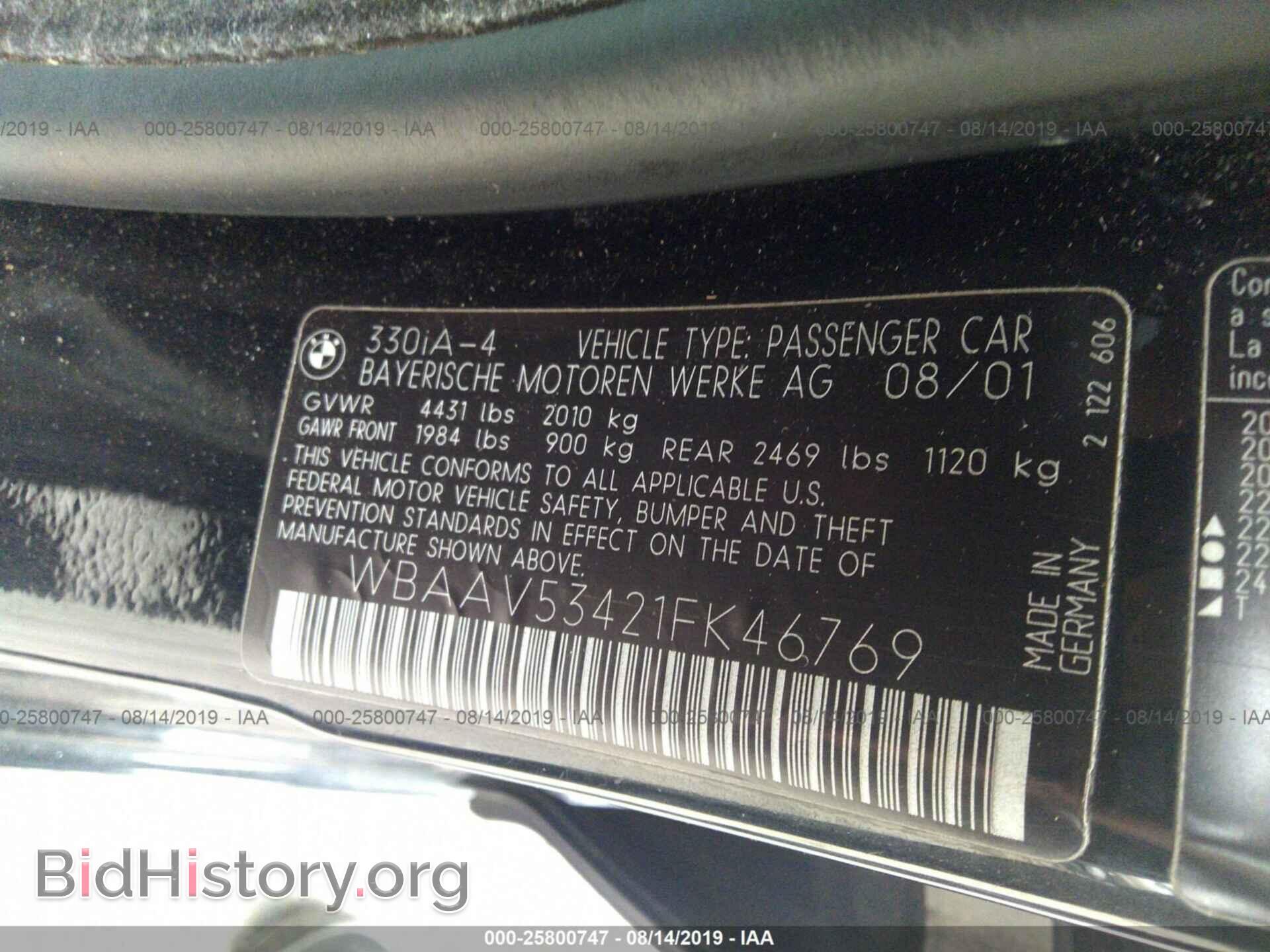 2001 BMW 330 - VIN: WBAAV53421FK46769 - Фото 9
