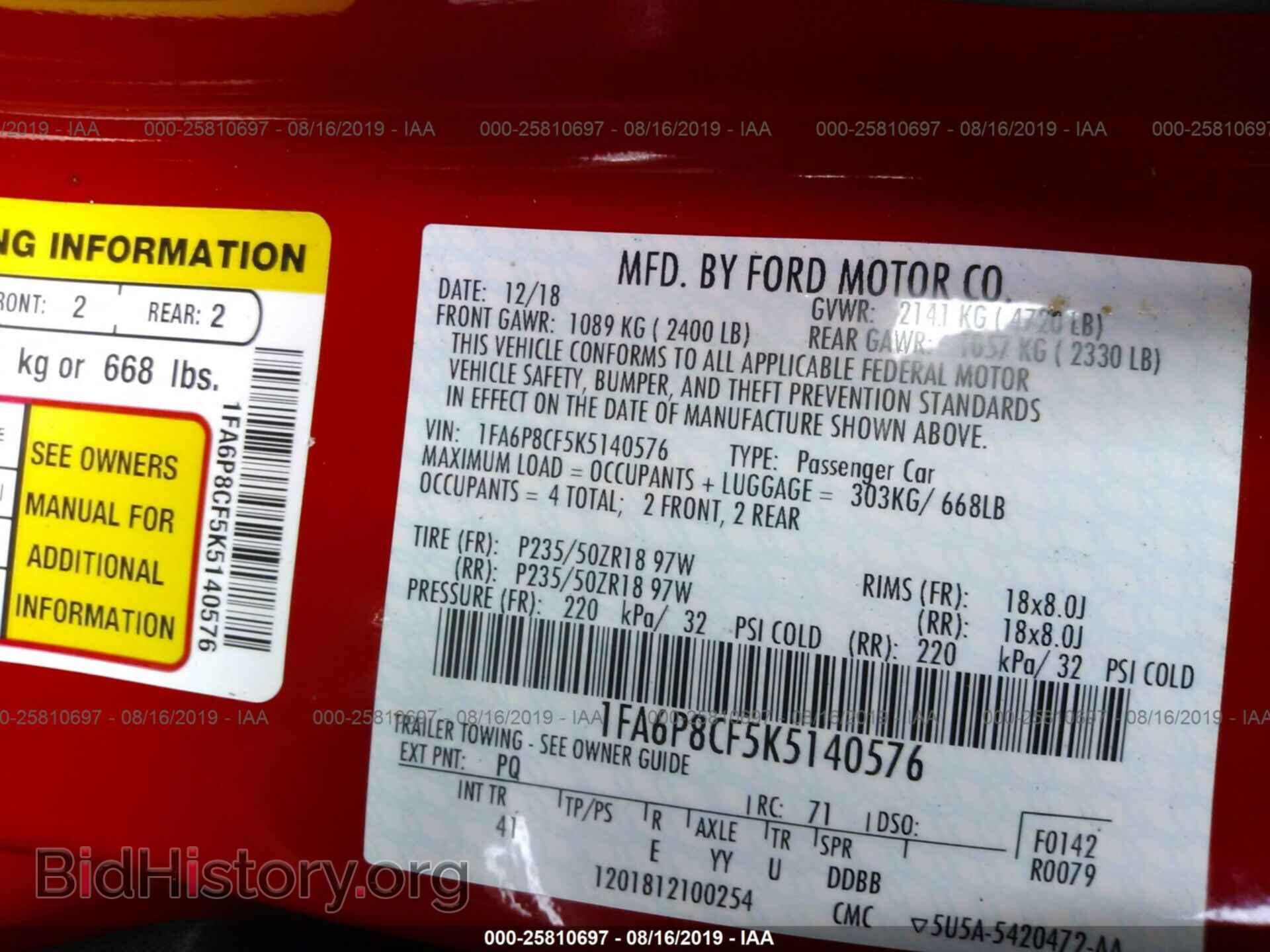 2019 FORD MUSTANG - VIN: 1FA6P8CF5K5140576 - Фото 9