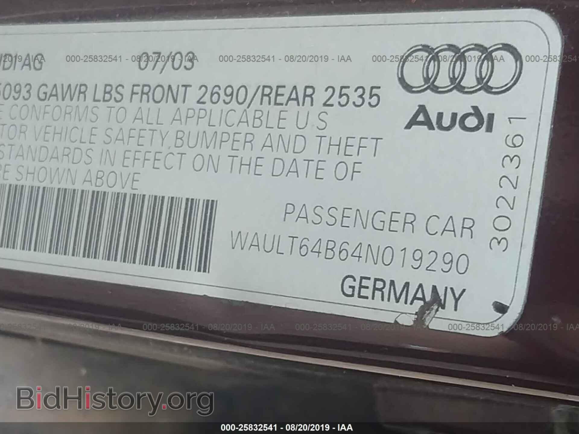 2004 AUDI A6 - VIN: WAULT64B64N019290 - Фото 9