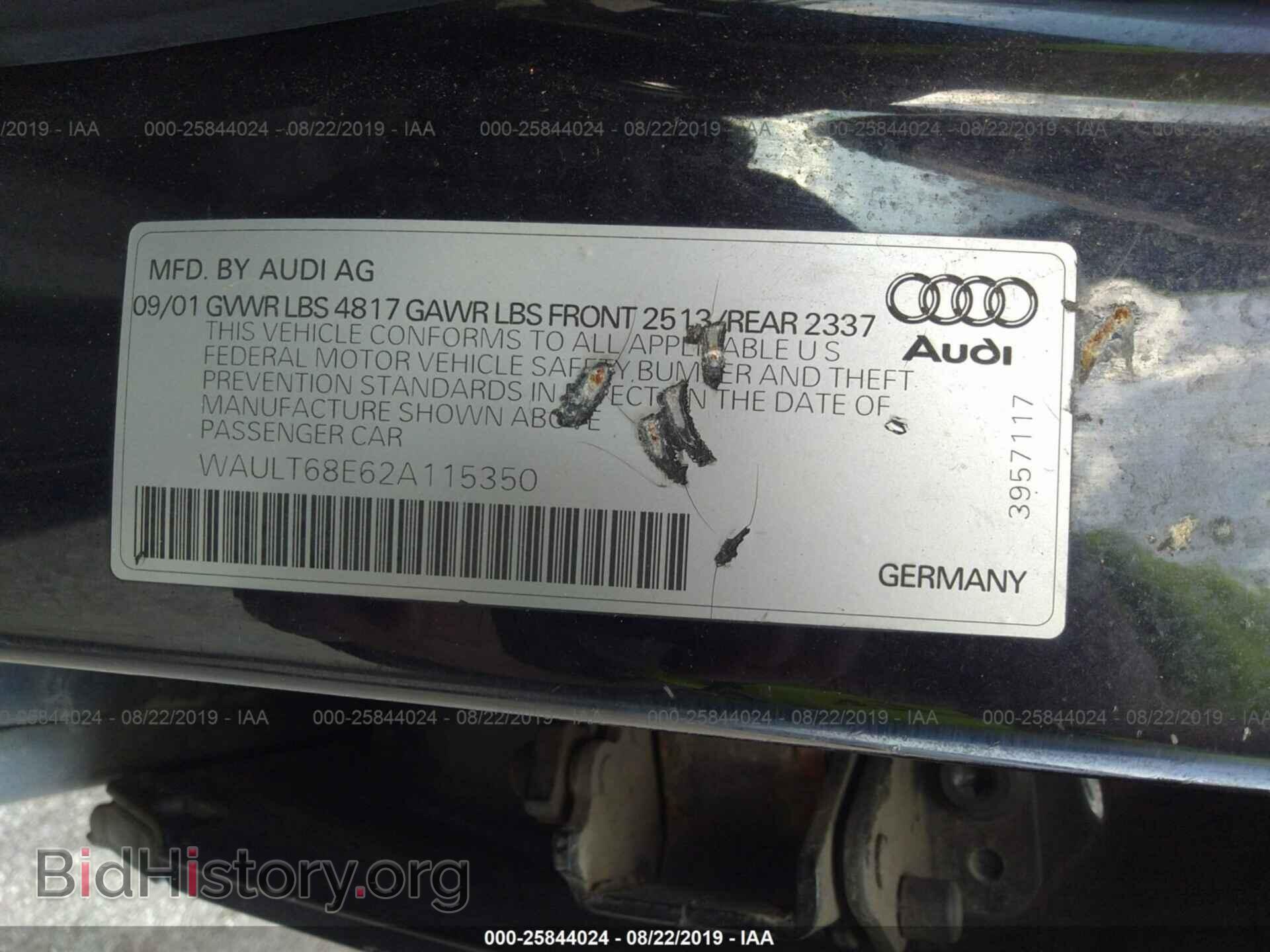 2002 AUDI A4 - VIN: WAULT68E62A115350 - Фото 9