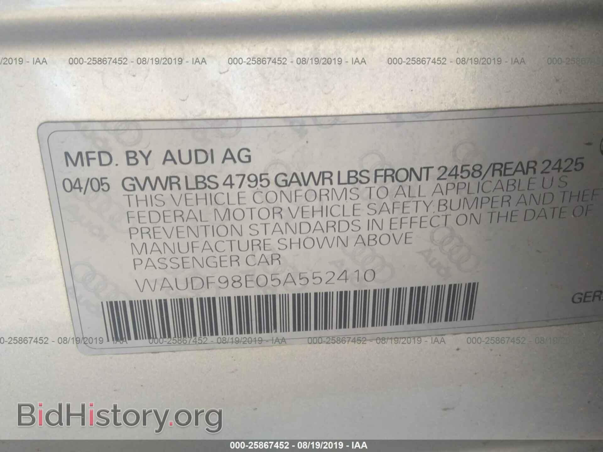 2005 AUDI A4 - VIN: WAUDF98E05A552410 - Фото 9