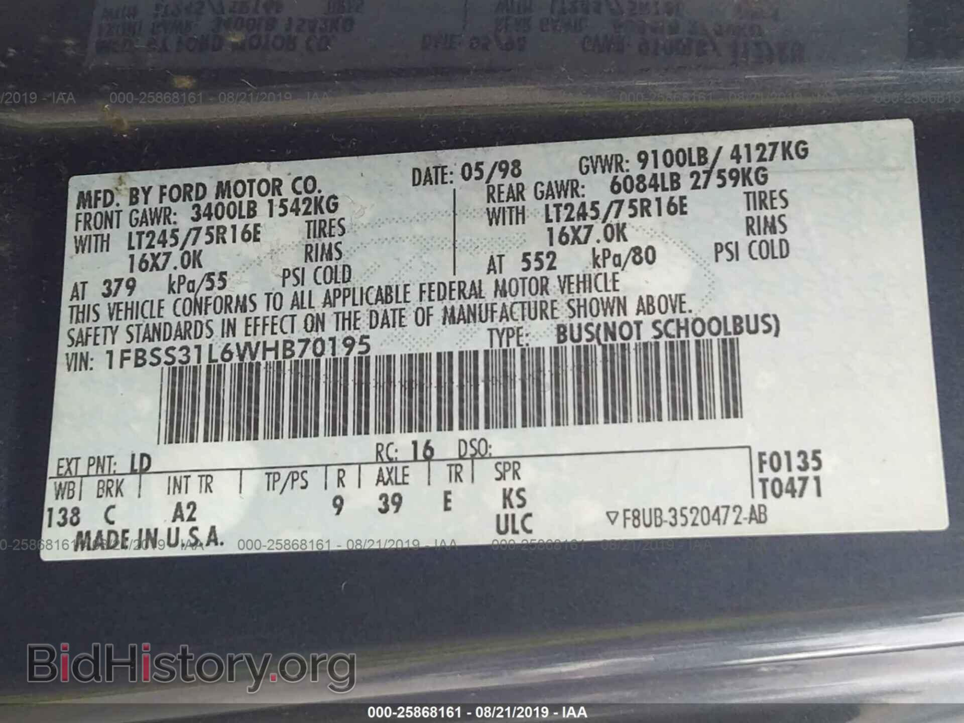 1998 FORD ECONOLINE - VIN: 1FBSS31L6WHB70195 - Фото 9