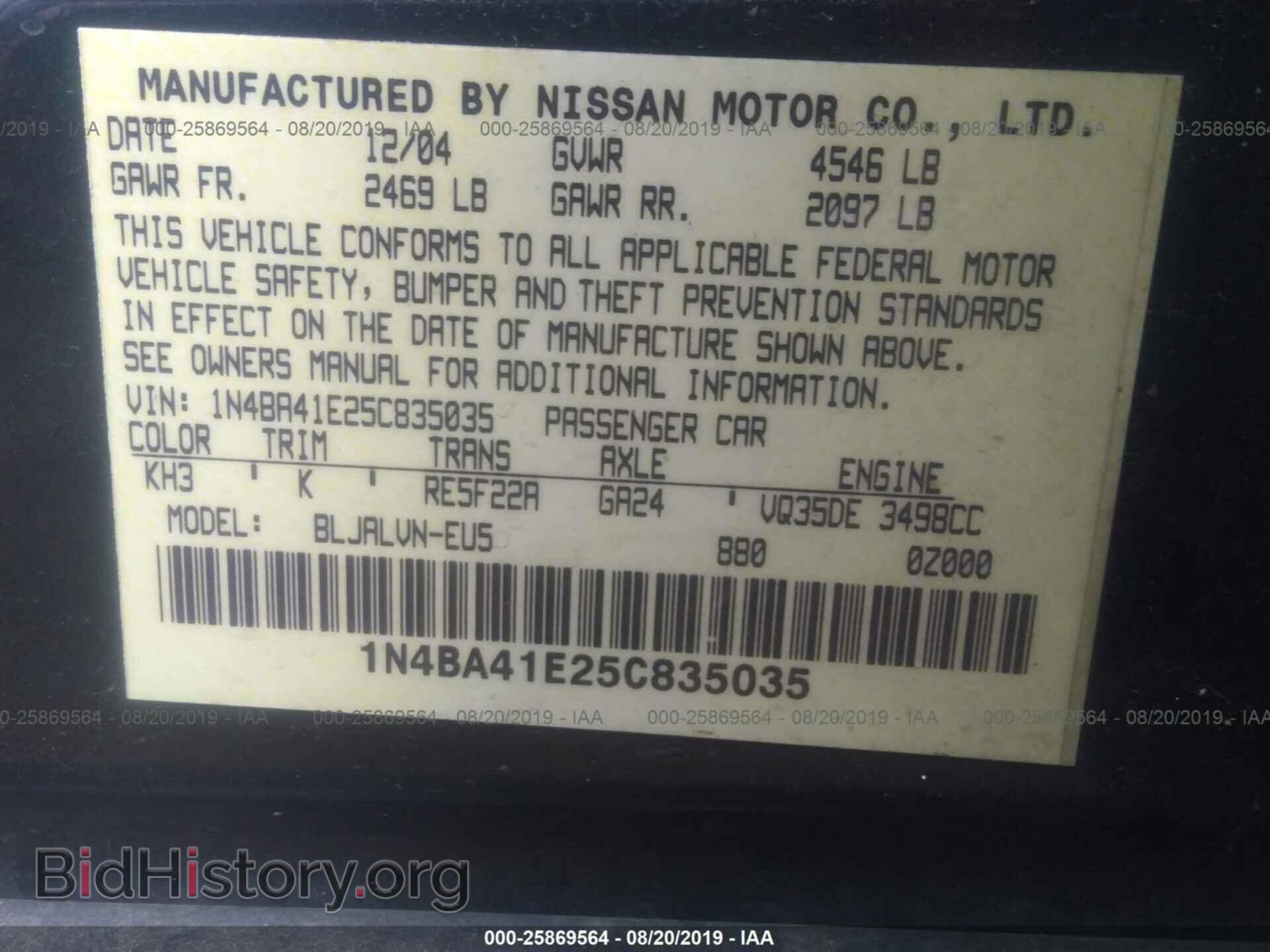 2005 NISSAN MAXIMA - VIN: 1N4BA41E25C835035 - Фото 9