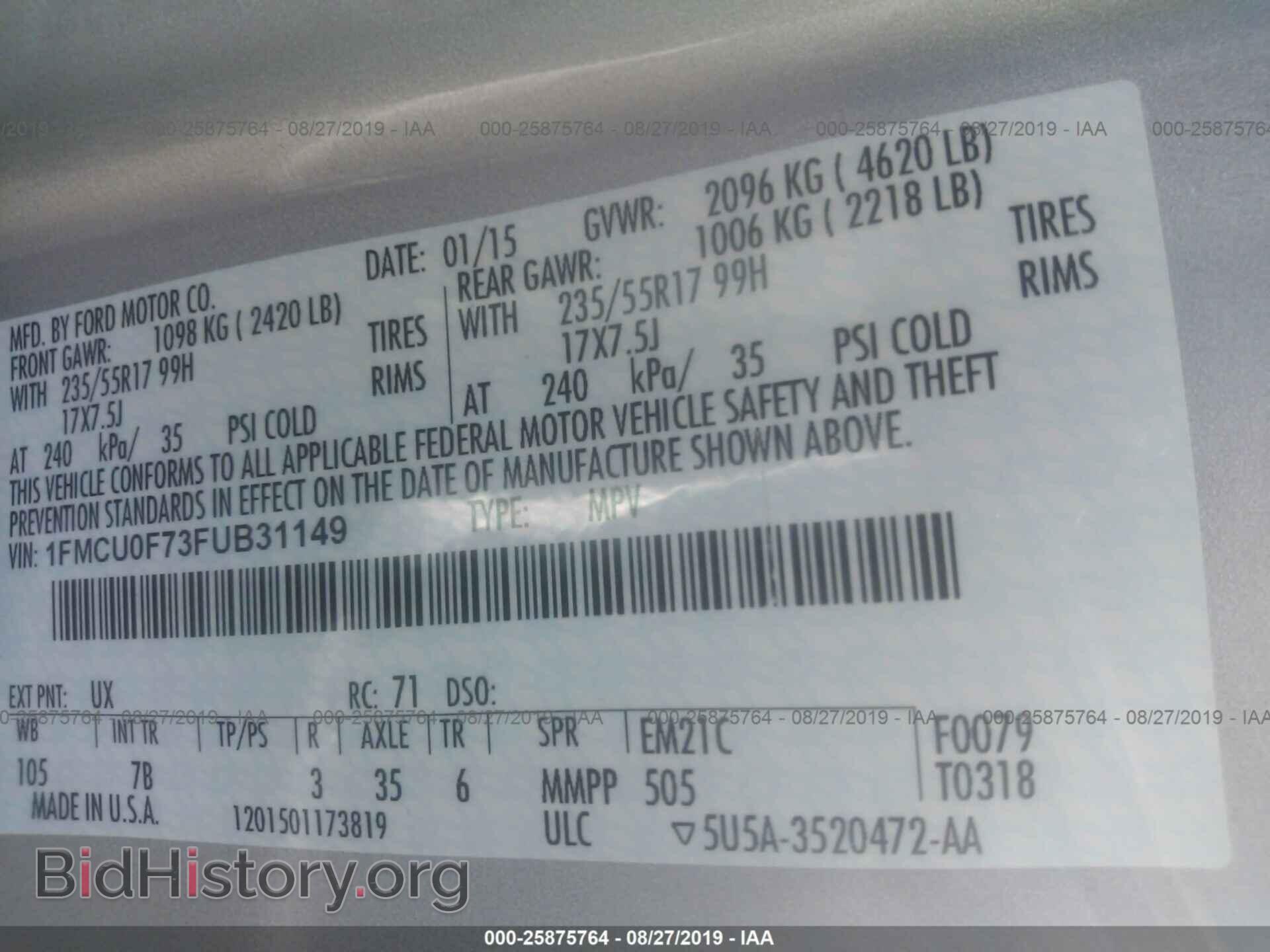 2015 FORD ESCAPE - VIN: 1FMCU0F73FUB31149 - Photo 9