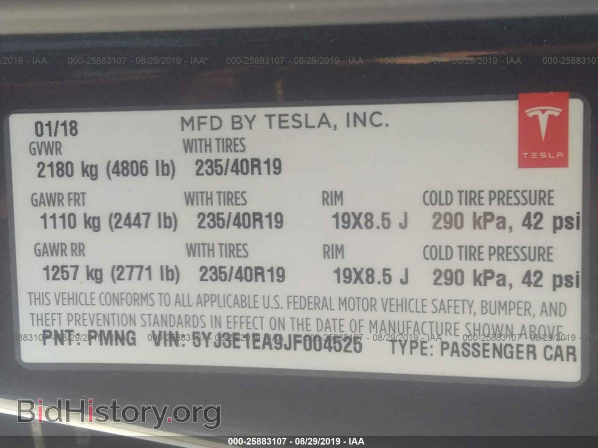 2018 TESLA MODEL 3 - VIN: 5YJ3E1EA9JF004525 - Фото 9