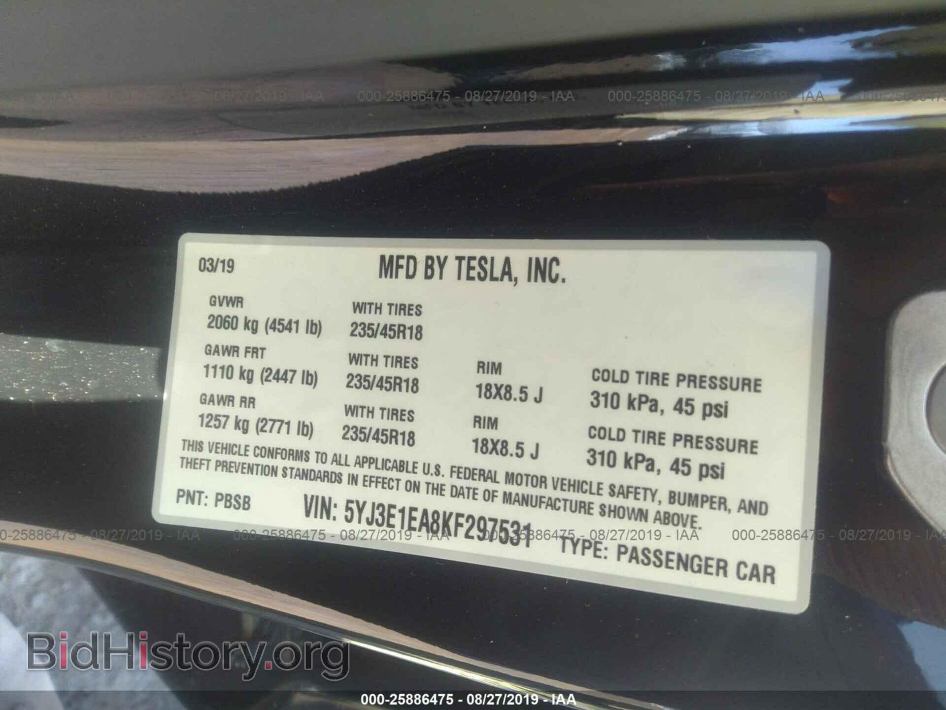 2019 TESLA MODEL 3 - VIN: 5YJ3E1EA8KF297531 - Фото 9