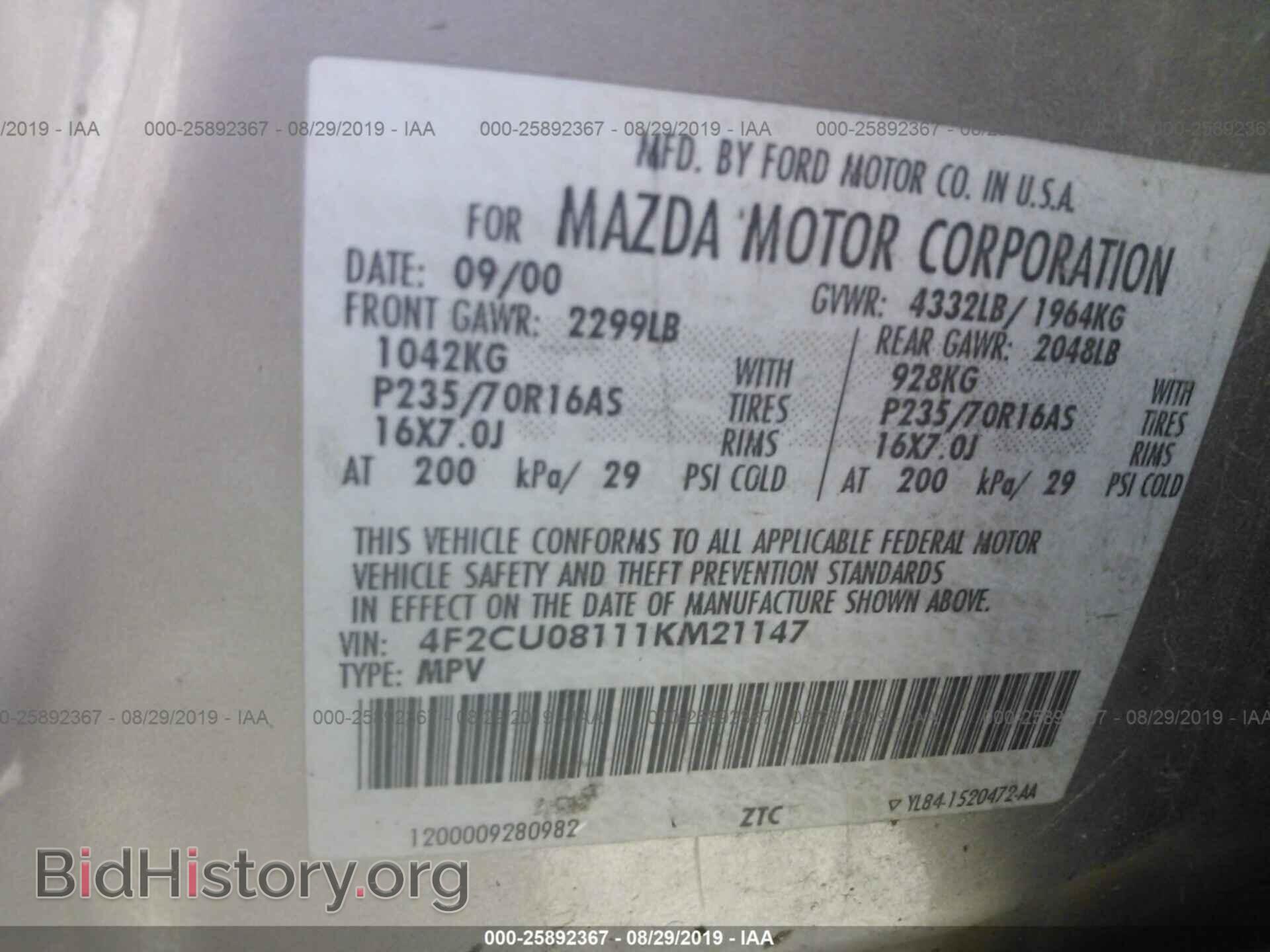 2001 MAZDA TRIBUTE - VIN: 4F2CU08111KM21147 - Фото 9