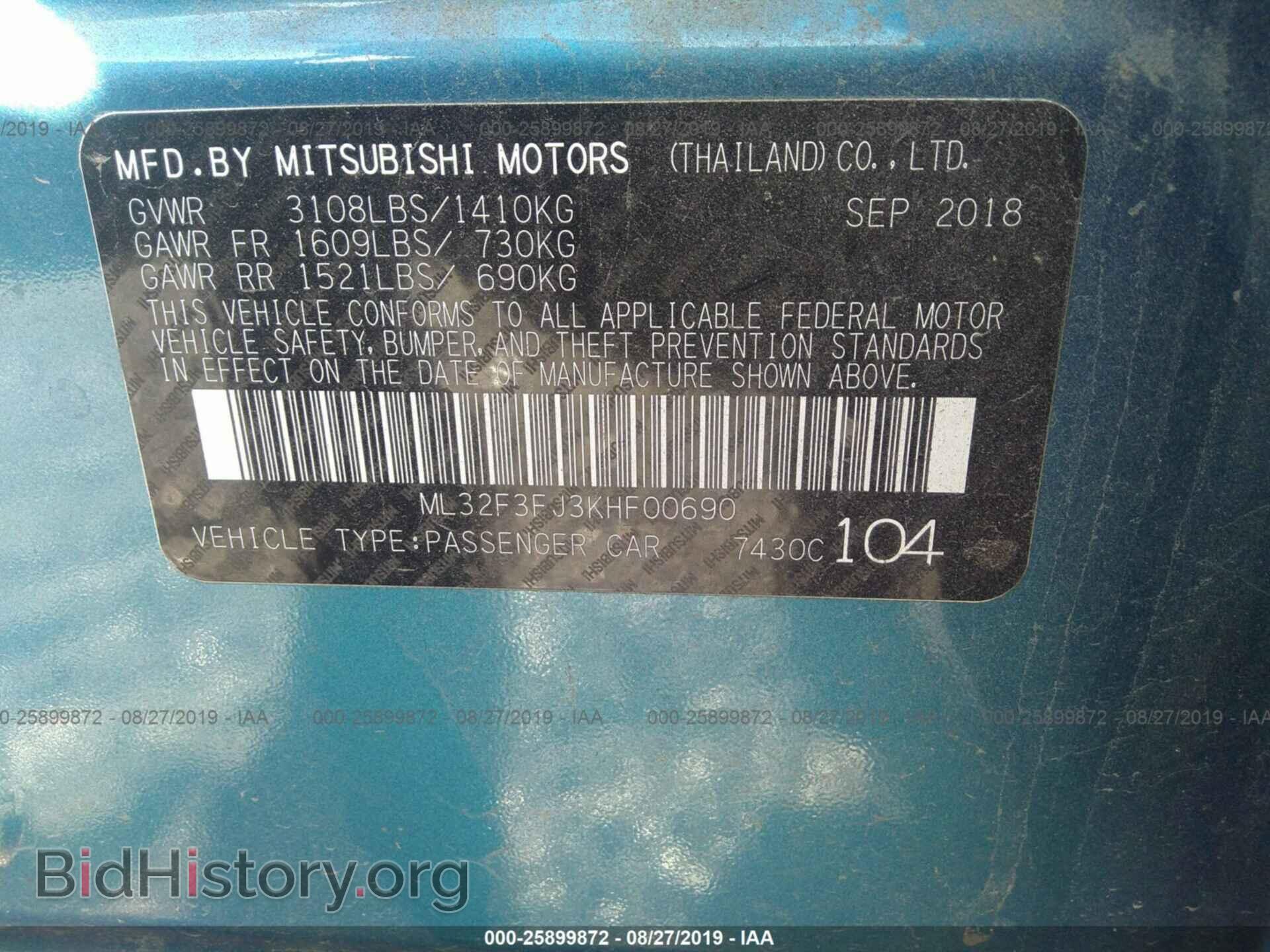 2019 MITSUBISHI MIRAGE - VIN: ML32F3FJ3KHF00690 - Фото 9