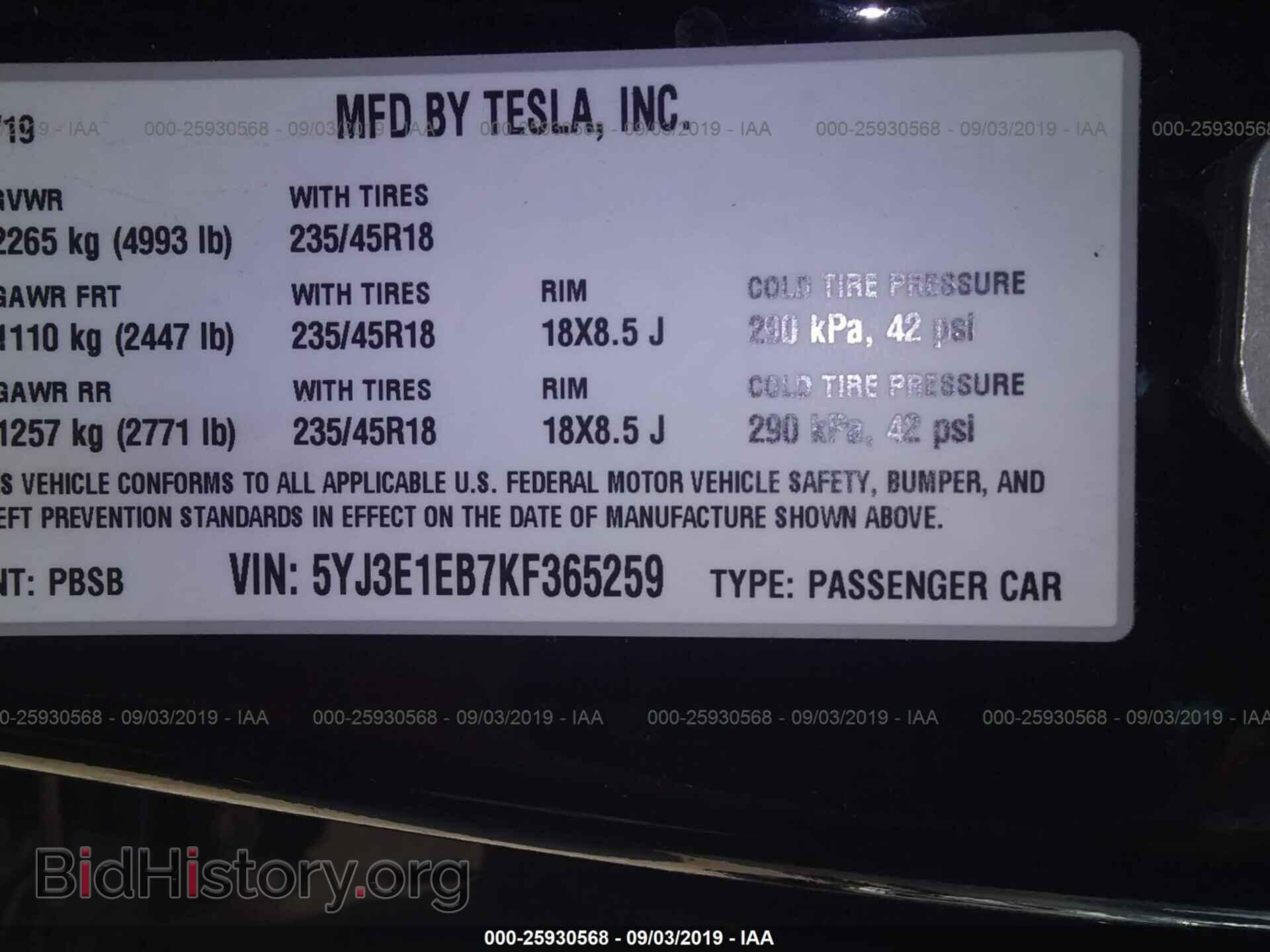2019 TESLA MODEL 3 - VIN: 5YJ3E1EB7KF365259 - Photo 9