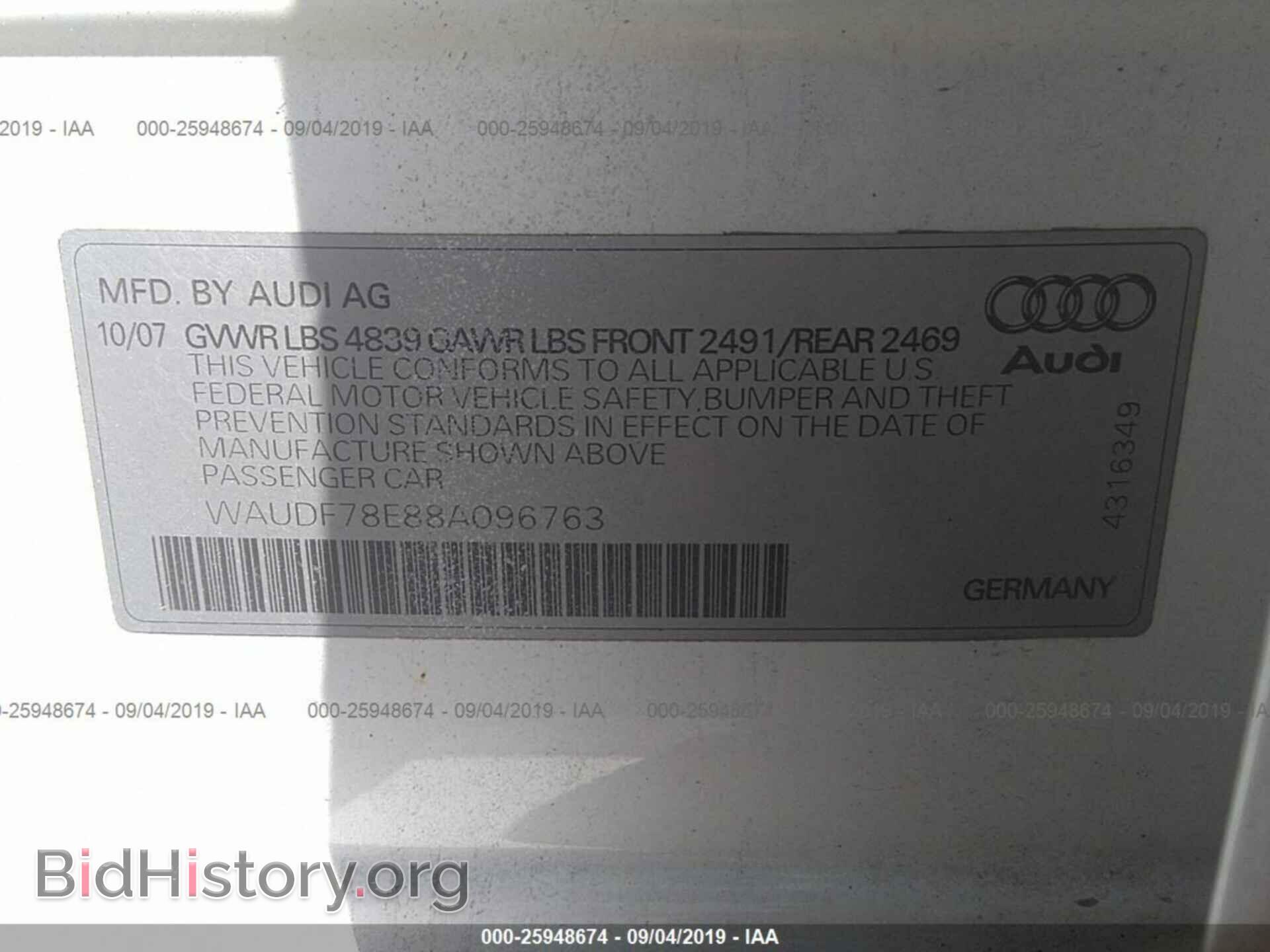 2008 AUDI A4 - VIN: WAUDF78E88A096763 - Фото 9