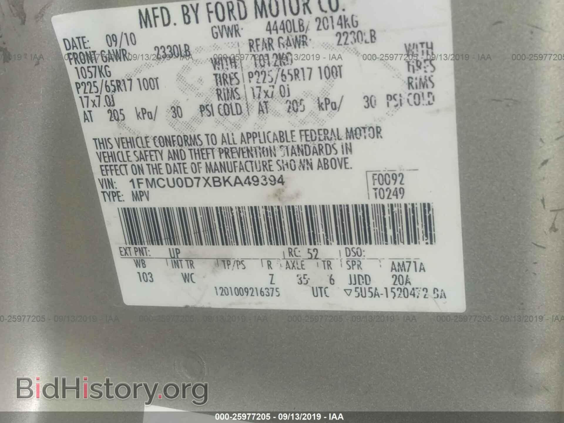 2011 FORD ESCAPE - VIN: 1FMCU0D7XBKA49394 - Фото 9