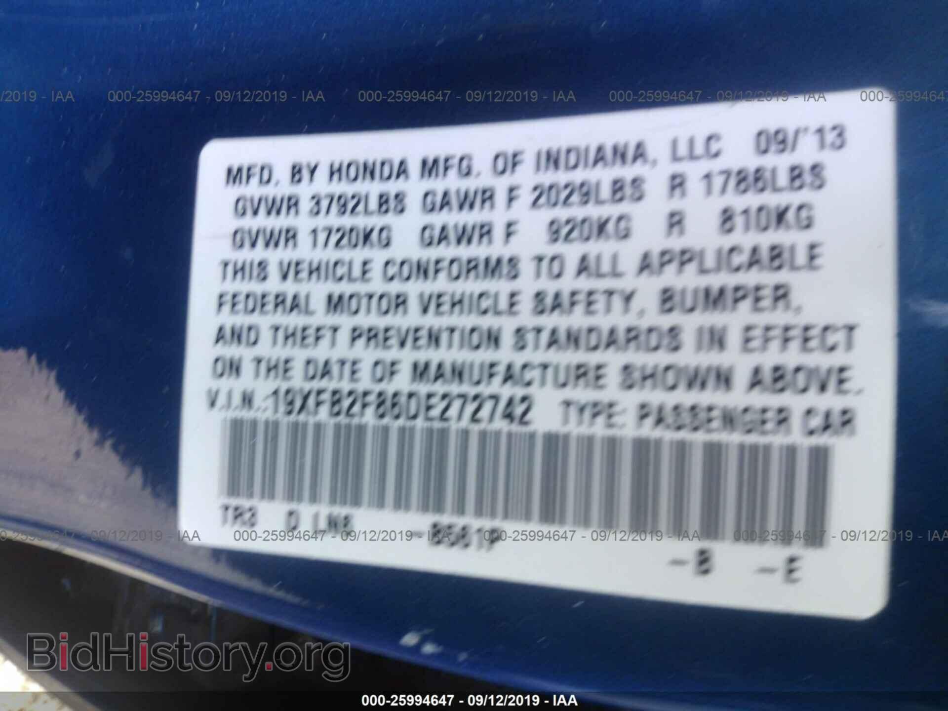 2013 HONDA CIVIC - VIN: 19XFB2F86DE272742 - Фото 9