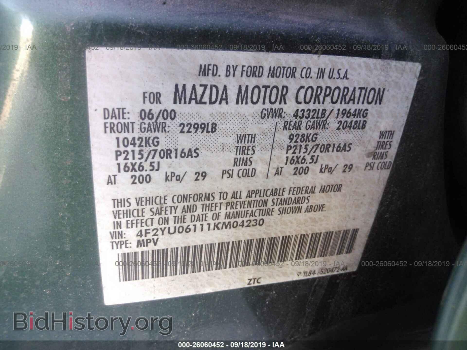 2001 MAZDA TRIBUTE - VIN: 4F2YU06111KM04230 - Фото 9