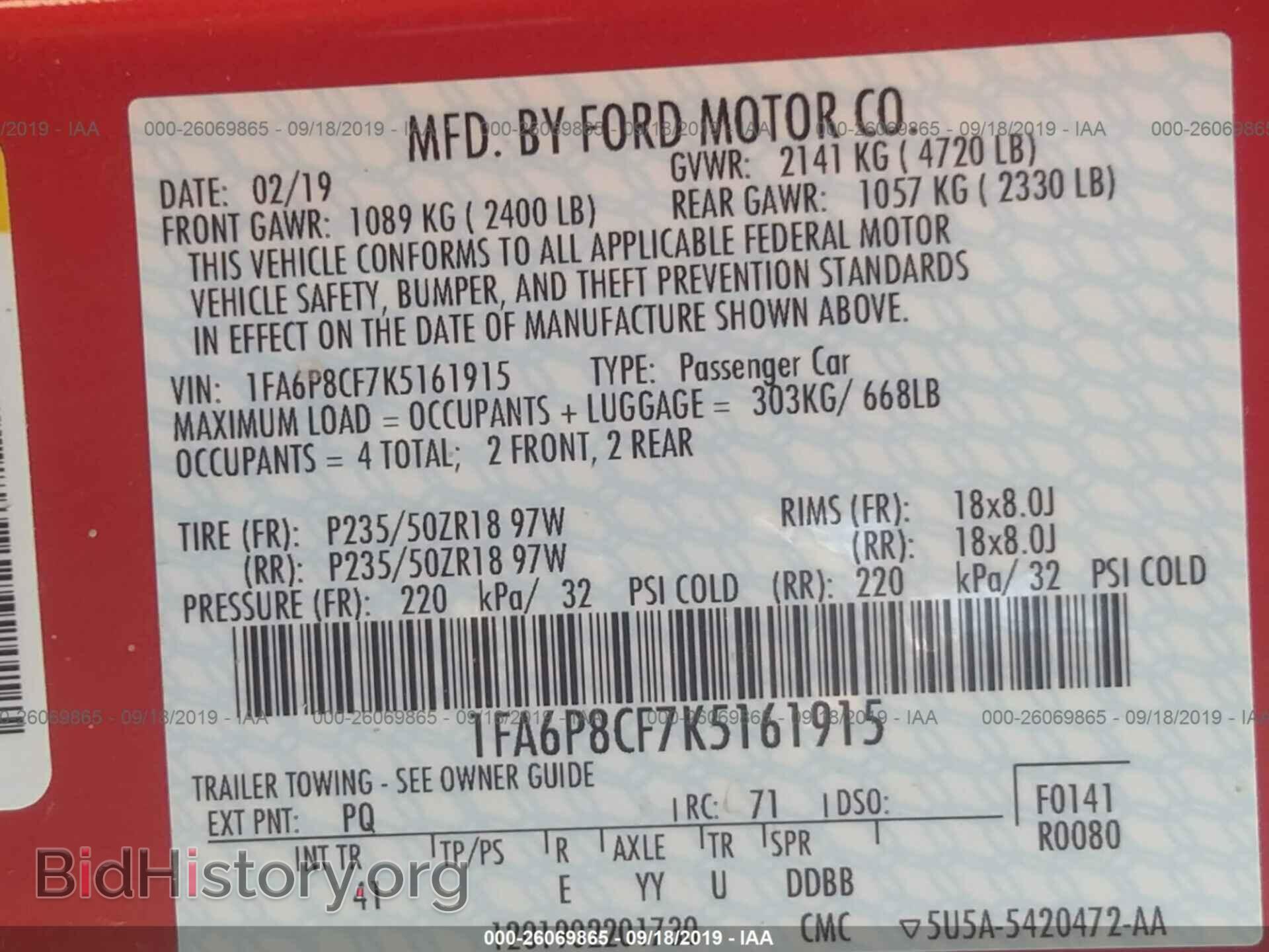 2019 FORD MUSTANG - VIN: 1FA6P8CF7K5161915 - Фото 9