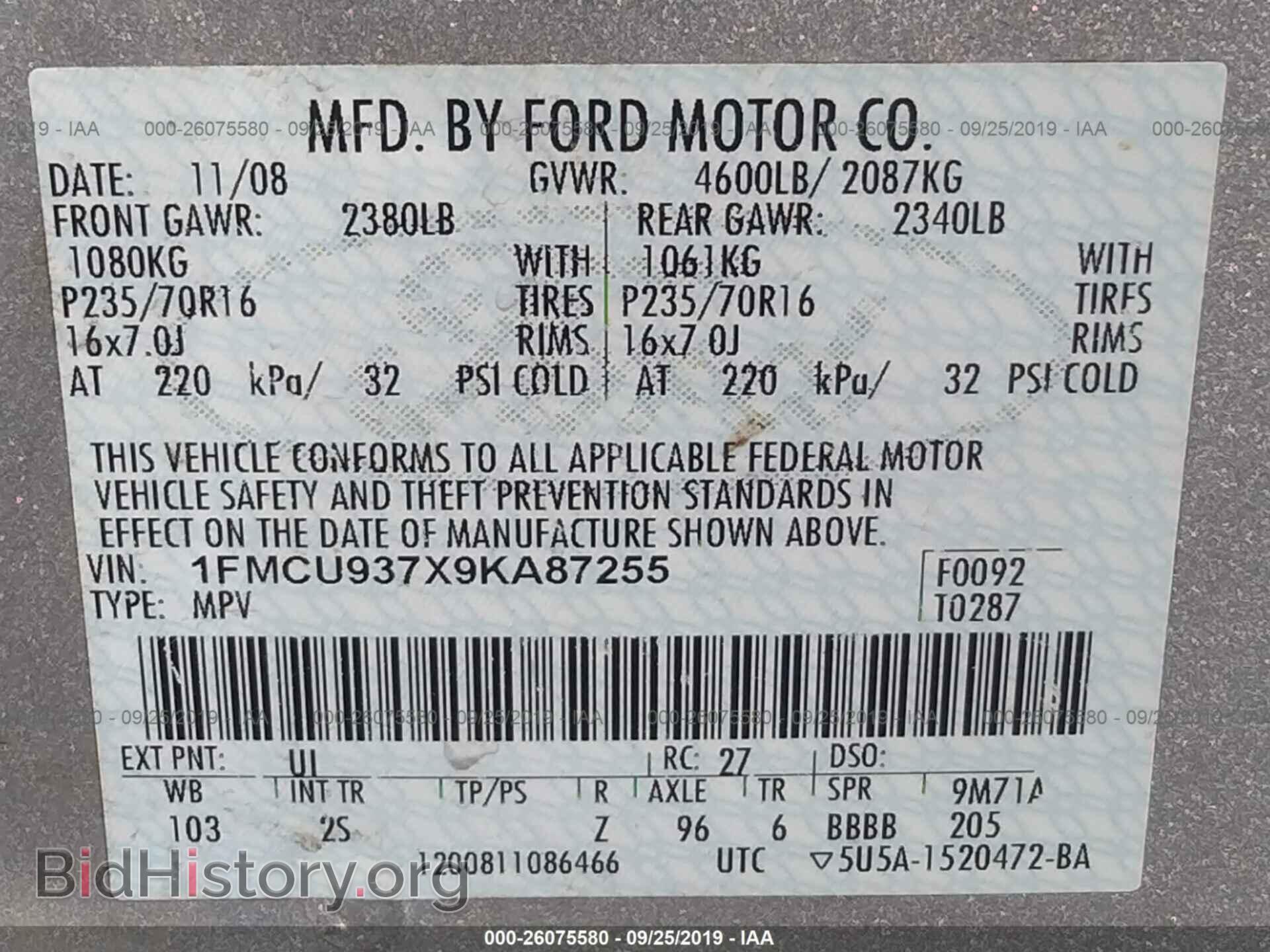 2009 FORD ESCAPE - VIN: 1FMCU937X9KA87255 - Фото 9