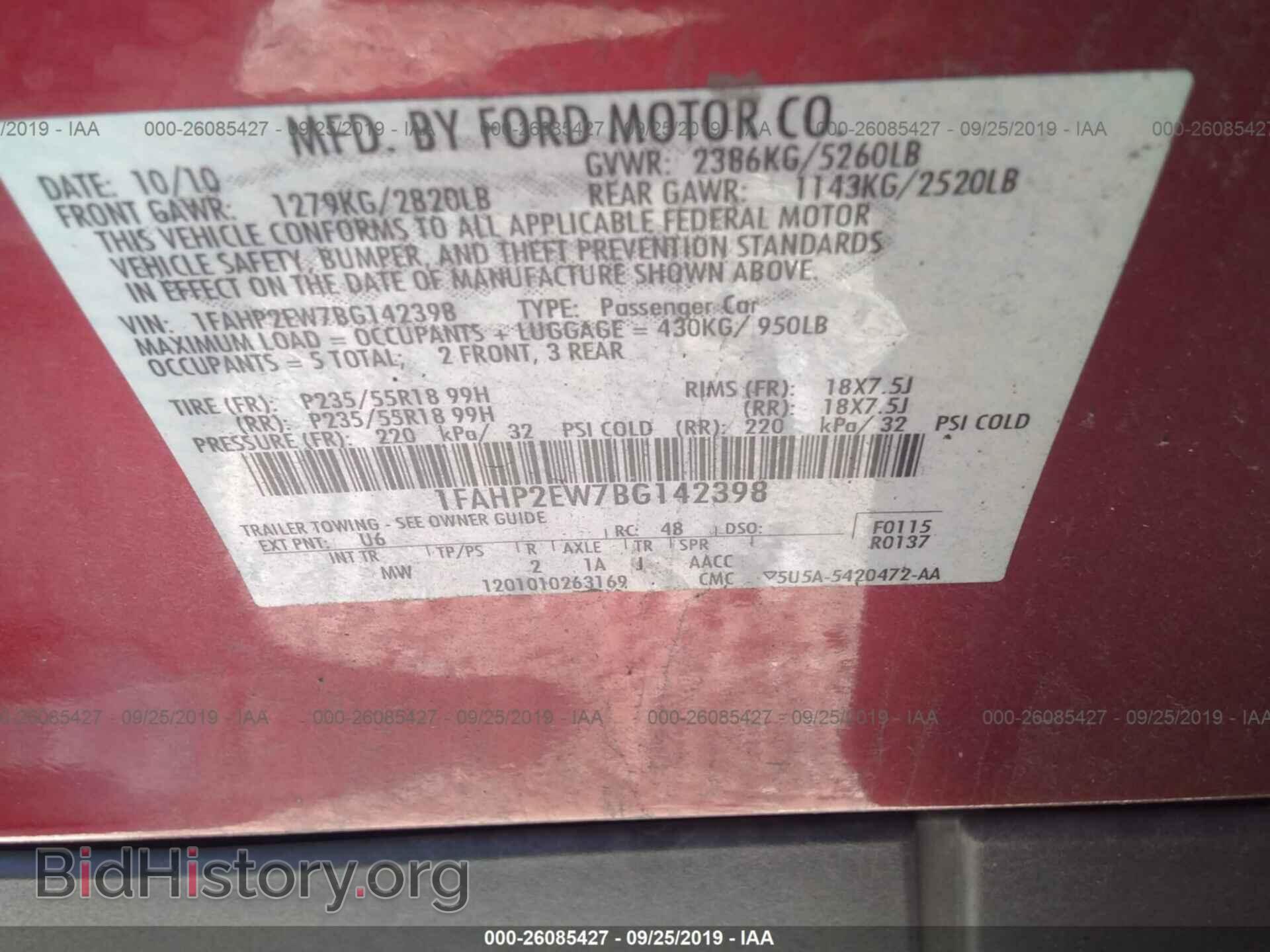 2011 FORD TAURUS - VIN: 1FAHP2EW7BG142398 - Фото 9