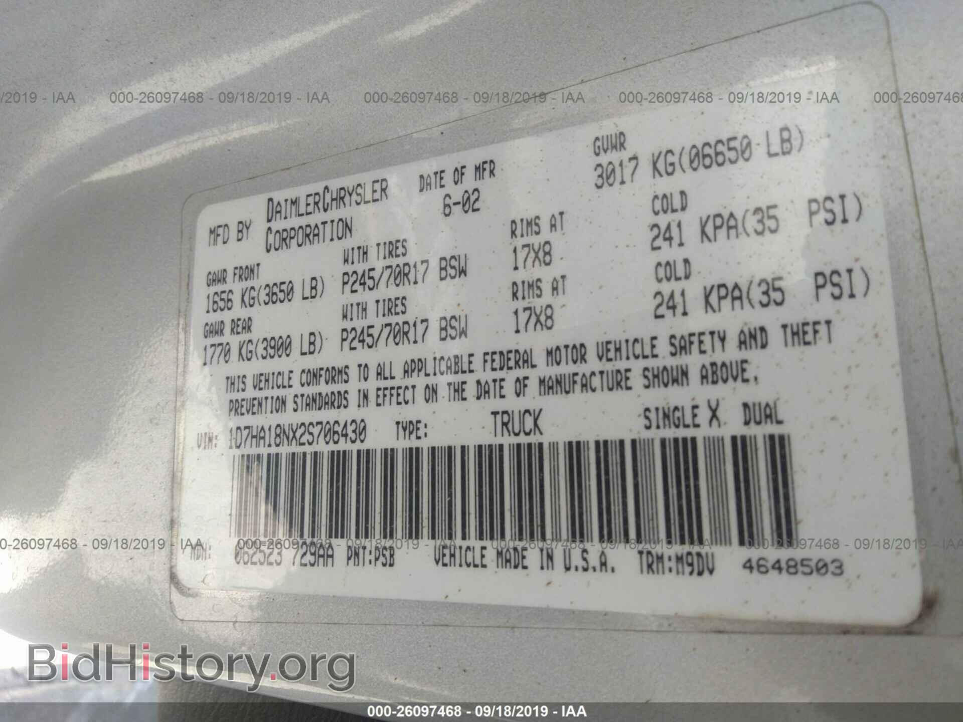 2002 DODGE RAM 1500 - VIN: 1D7HA18NX2S706430 - Фото 9