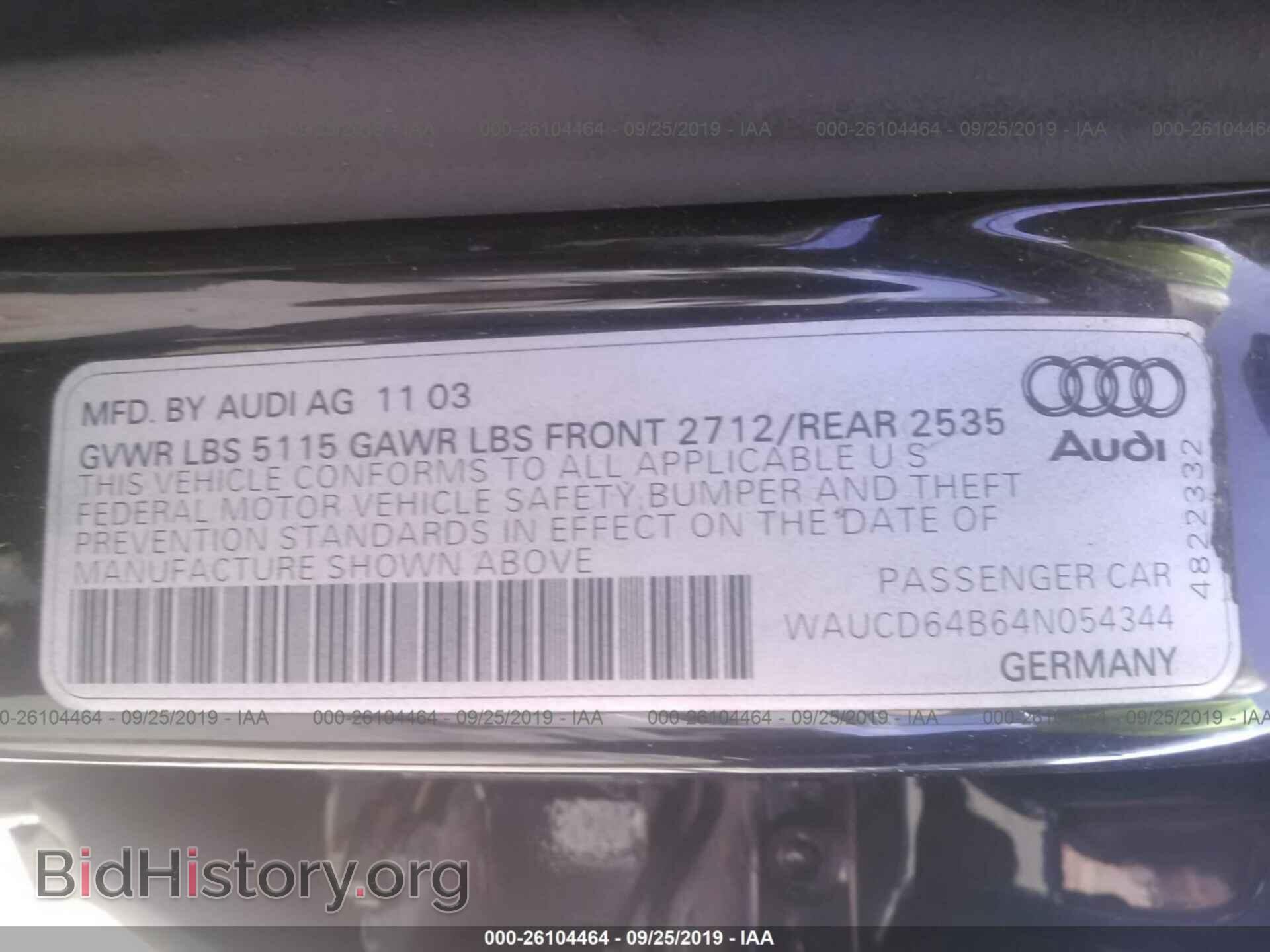 2004 AUDI A6 - VIN: WAUCD64B64N054344 - Фото 9