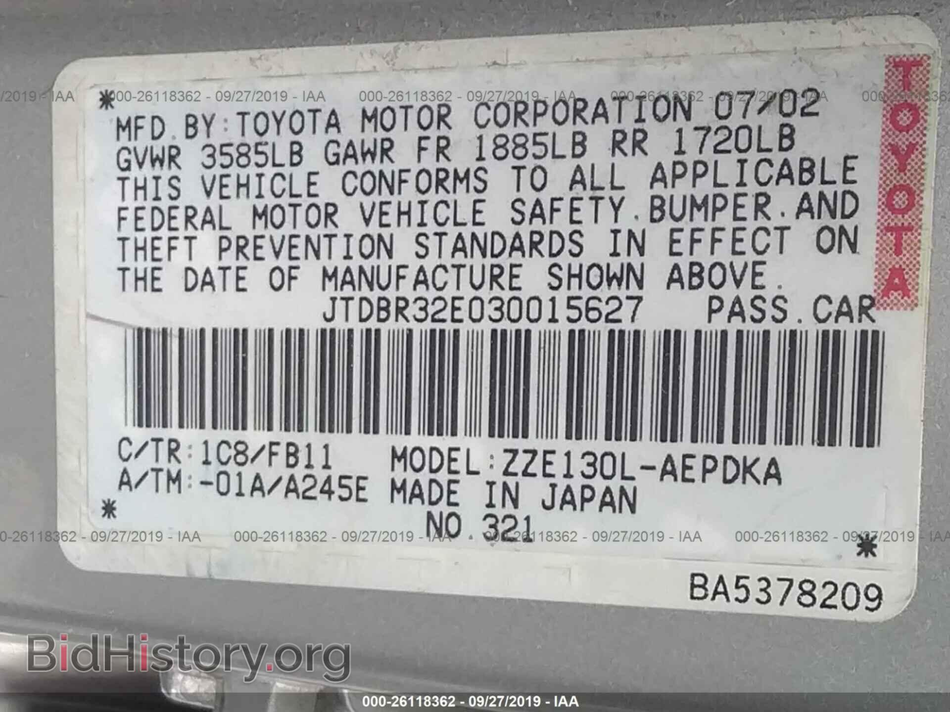 2003 TOYOTA COROLLA - VIN: JTDBR32E030015627 - Фото 9