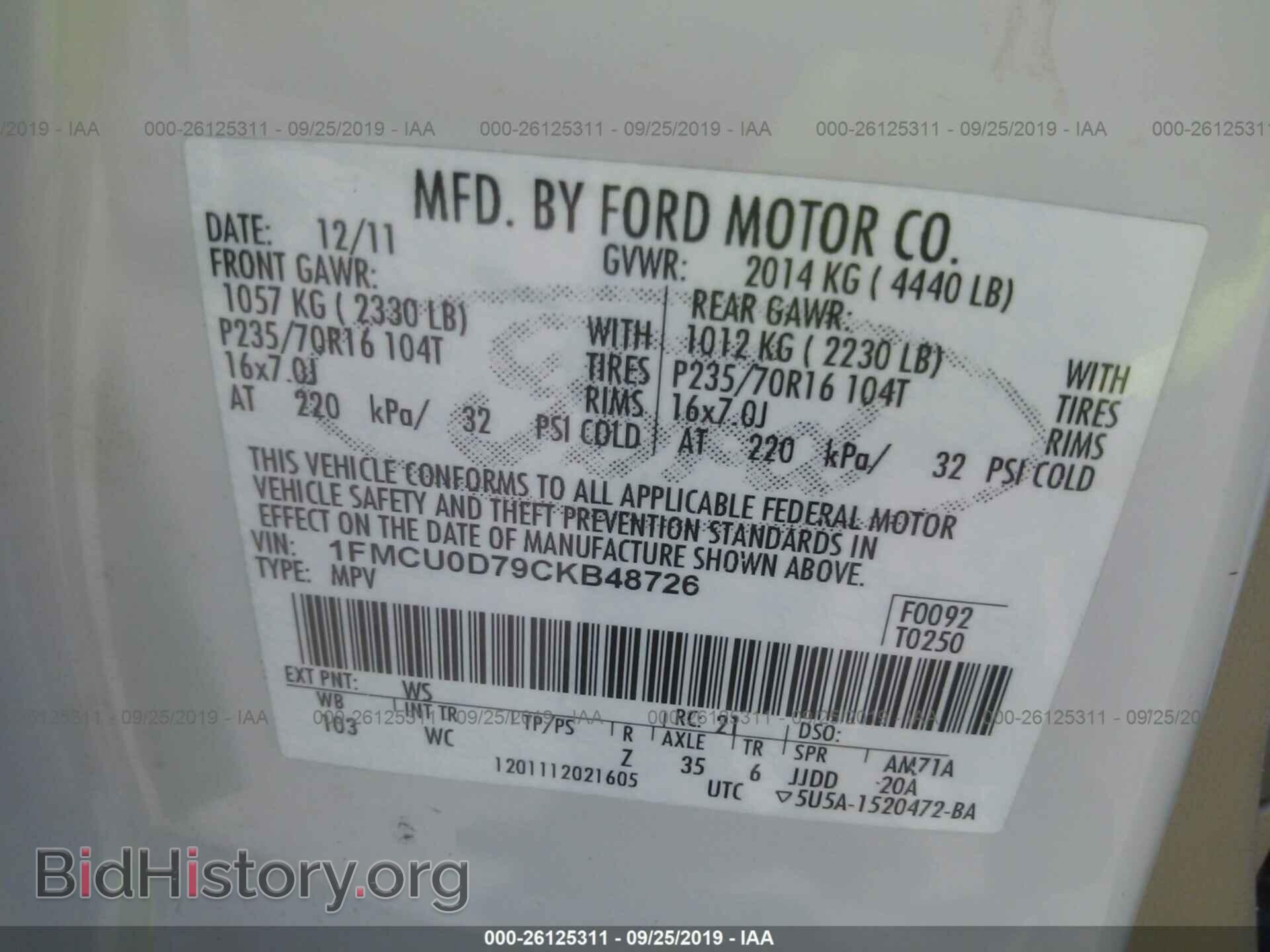2012 FORD ESCAPE - VIN: 1FMCU0D79CKB48726 - Фото 9
