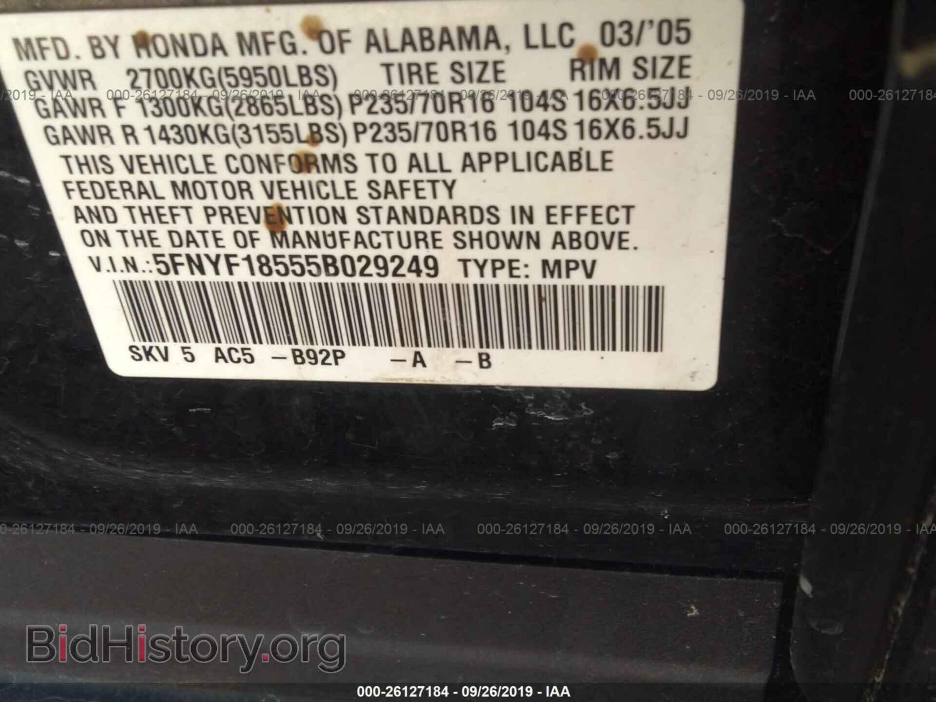 2005 HONDA PILOT - VIN: 5FNYF18555B029249 - Фото 9