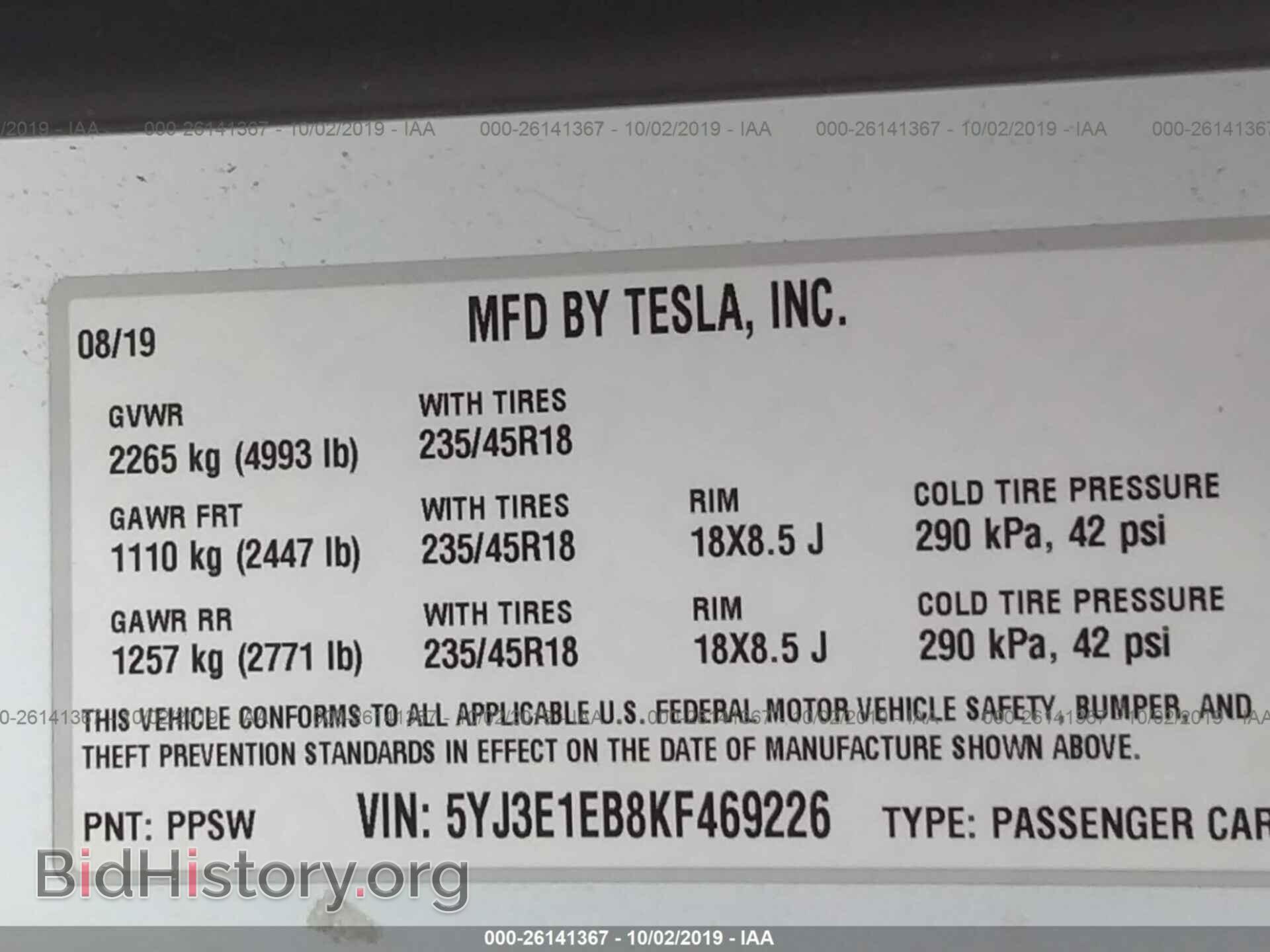 2019 TESLA MODEL 3 - VIN: 5YJ3E1EB8KF469226 - Фото 9