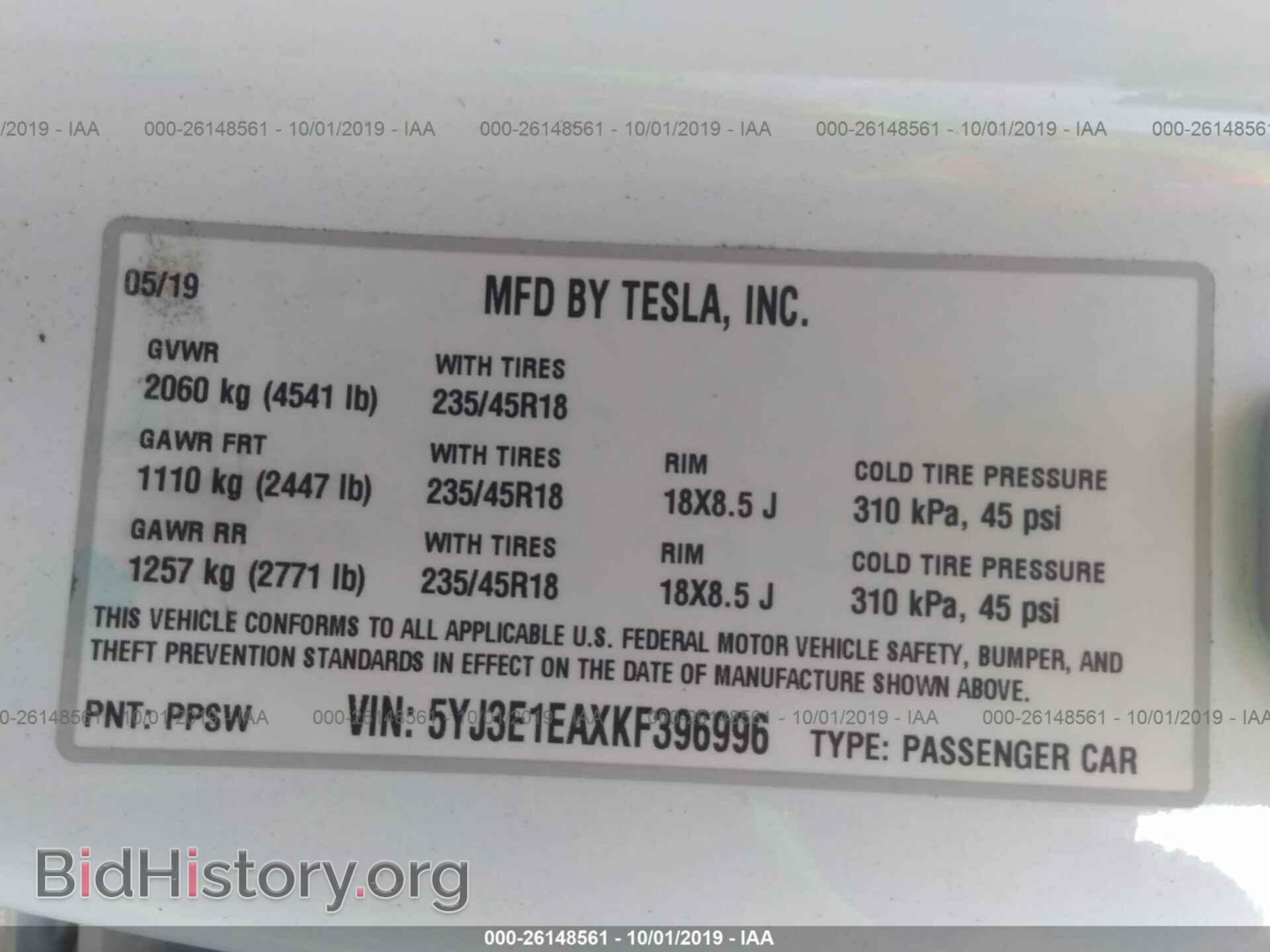 2019 TESLA MODEL 3 - VIN: 5YJ3E1EAXKF396996 - Фото 9