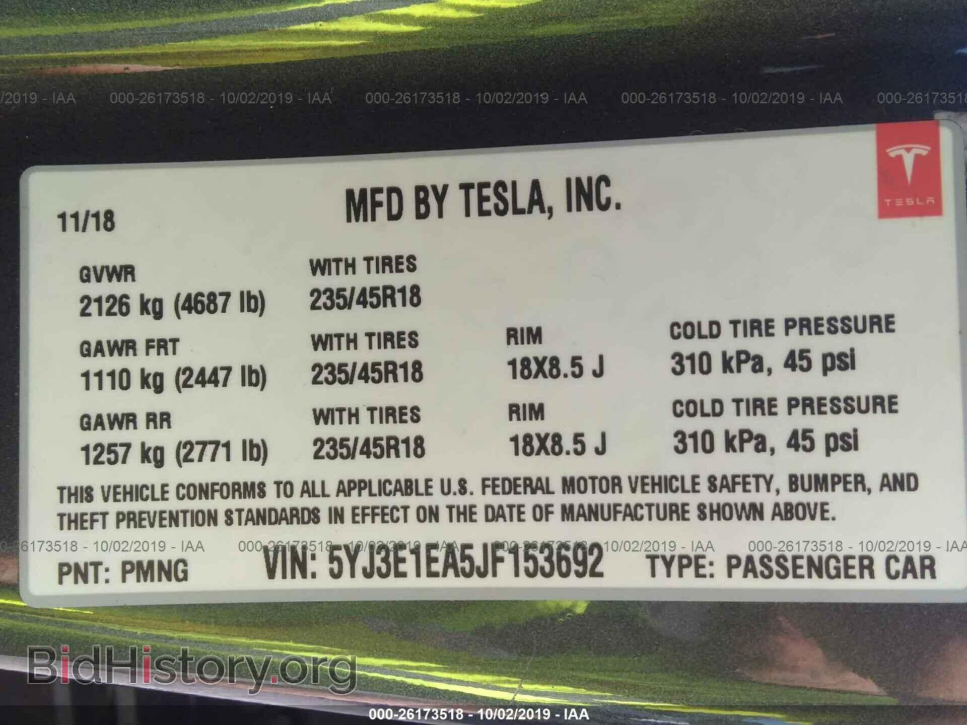 2018 TESLA MODEL 3 - VIN: 5YJ3E1EA5JF153692 - Фото 9
