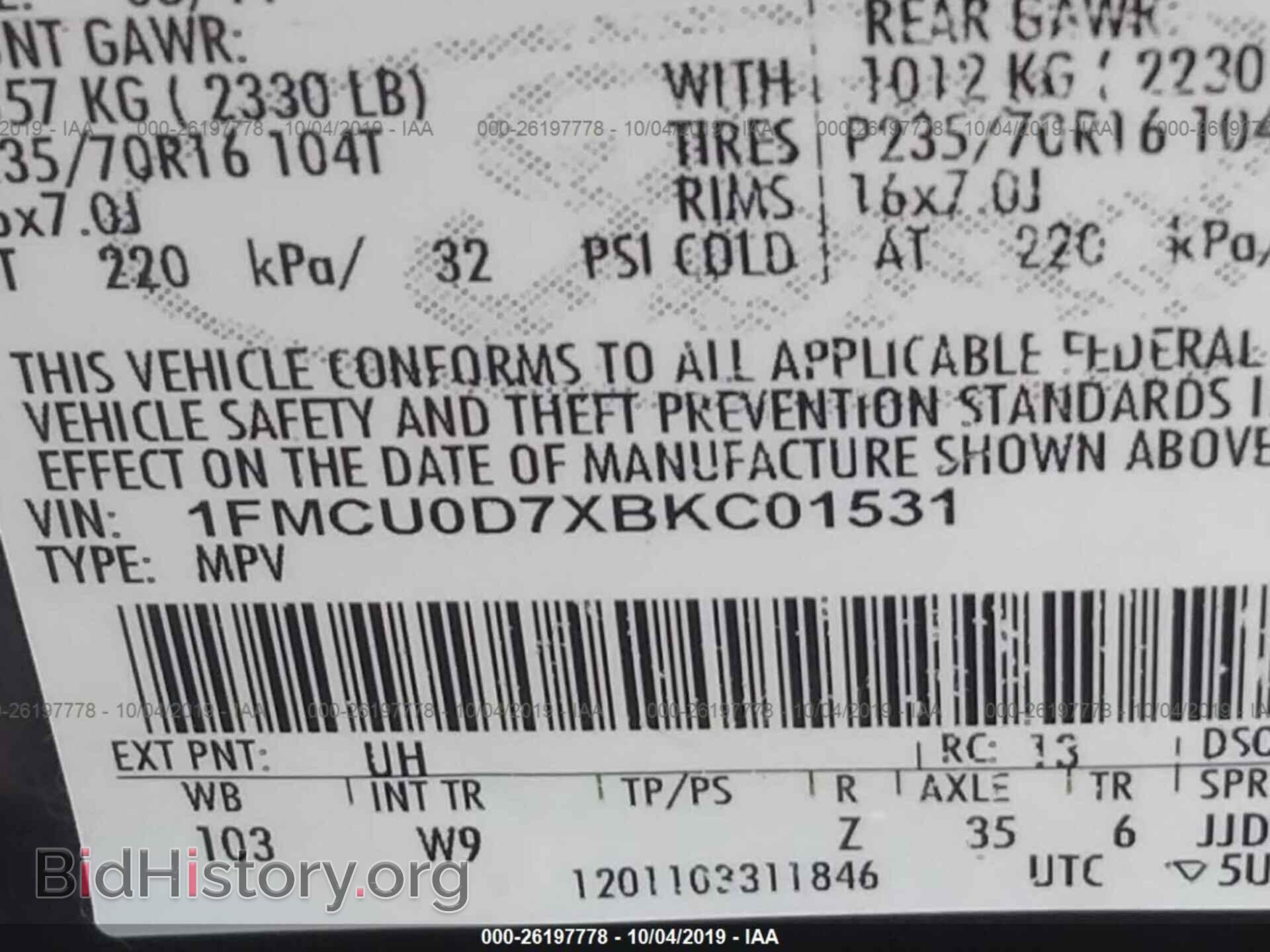 2011 FORD ESCAPE - VIN: 1FMCU0D7XBKC01531 - Фото 9