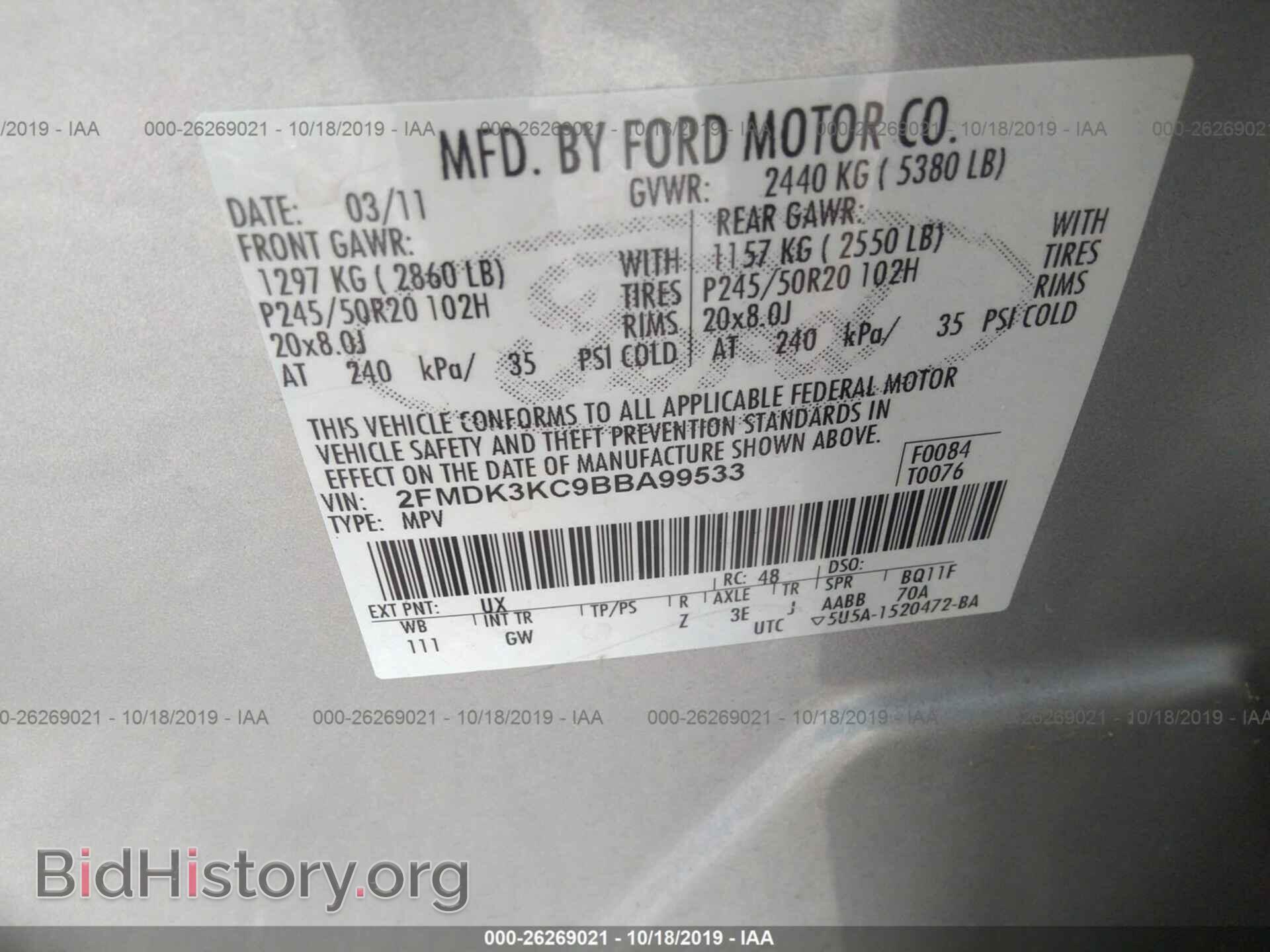 2011 FORD EDGE - VIN: 2FMDK3KC9BBA99533 - Фото 9