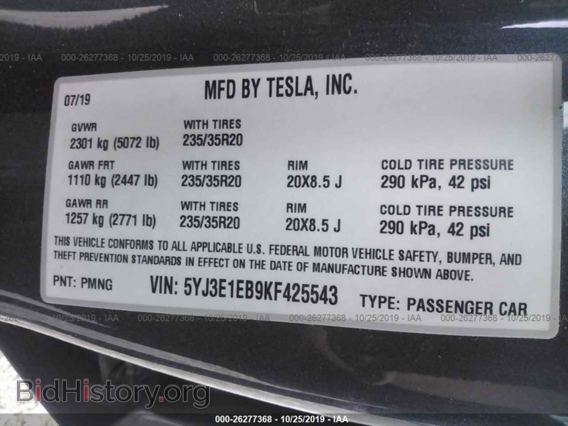 2019 TESLA MODEL 3 - VIN: 5YJ3E1EB9KF425543 - Фото 9