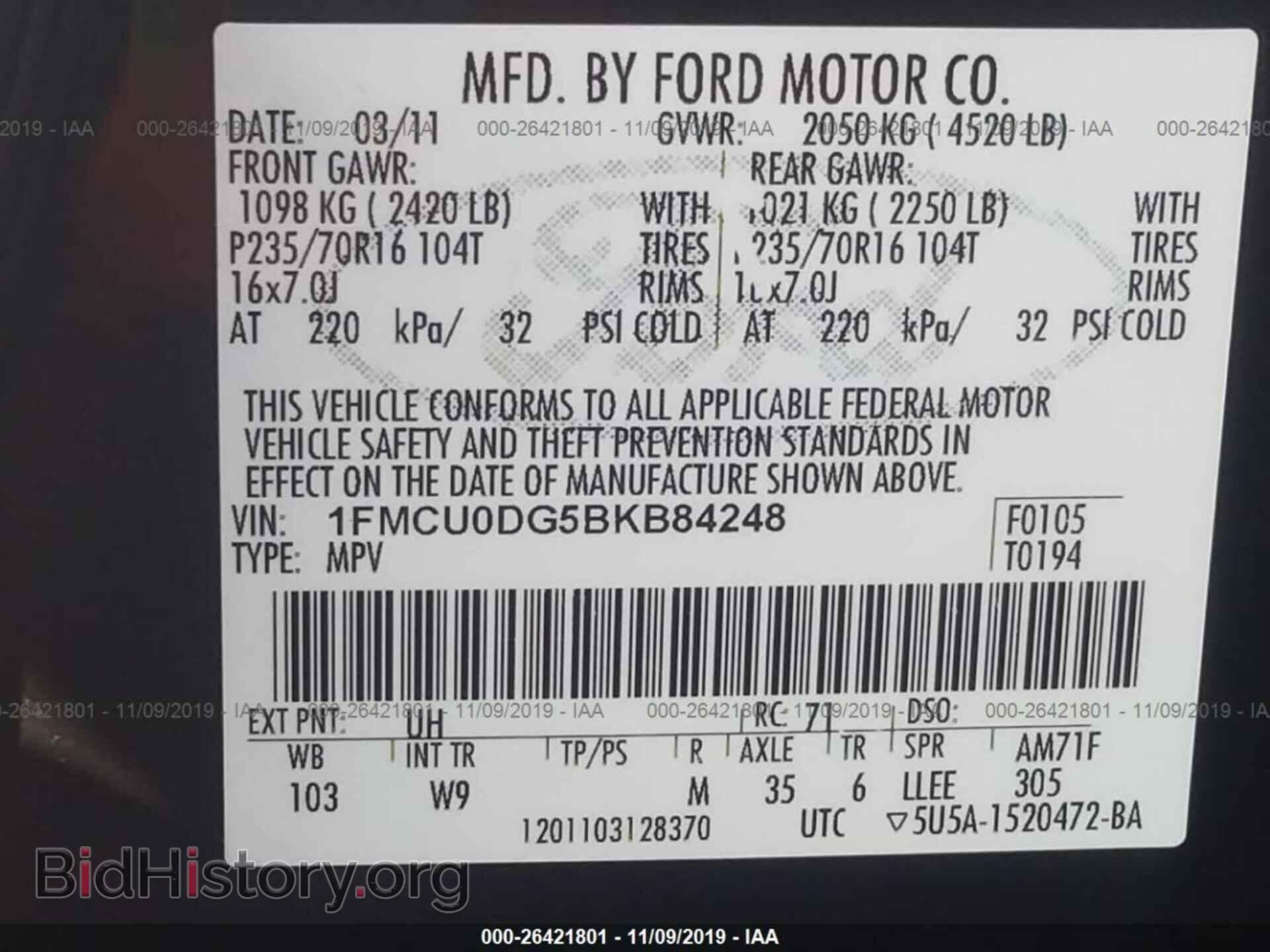 2011 FORD ESCAPE - VIN: 1FMCU0DG5BKB84248 - Фото 9