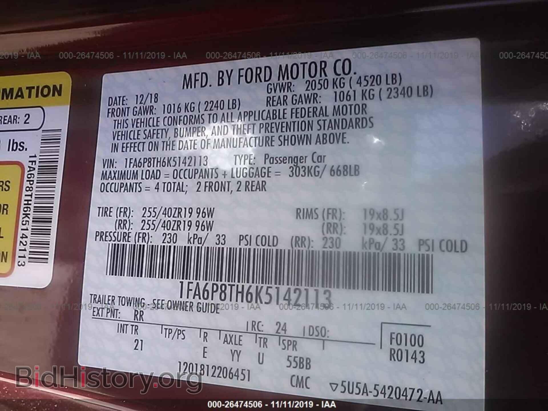 2019 FORD MUSTANG - VIN: 1FA6P8TH6K5142113 - Фото 9