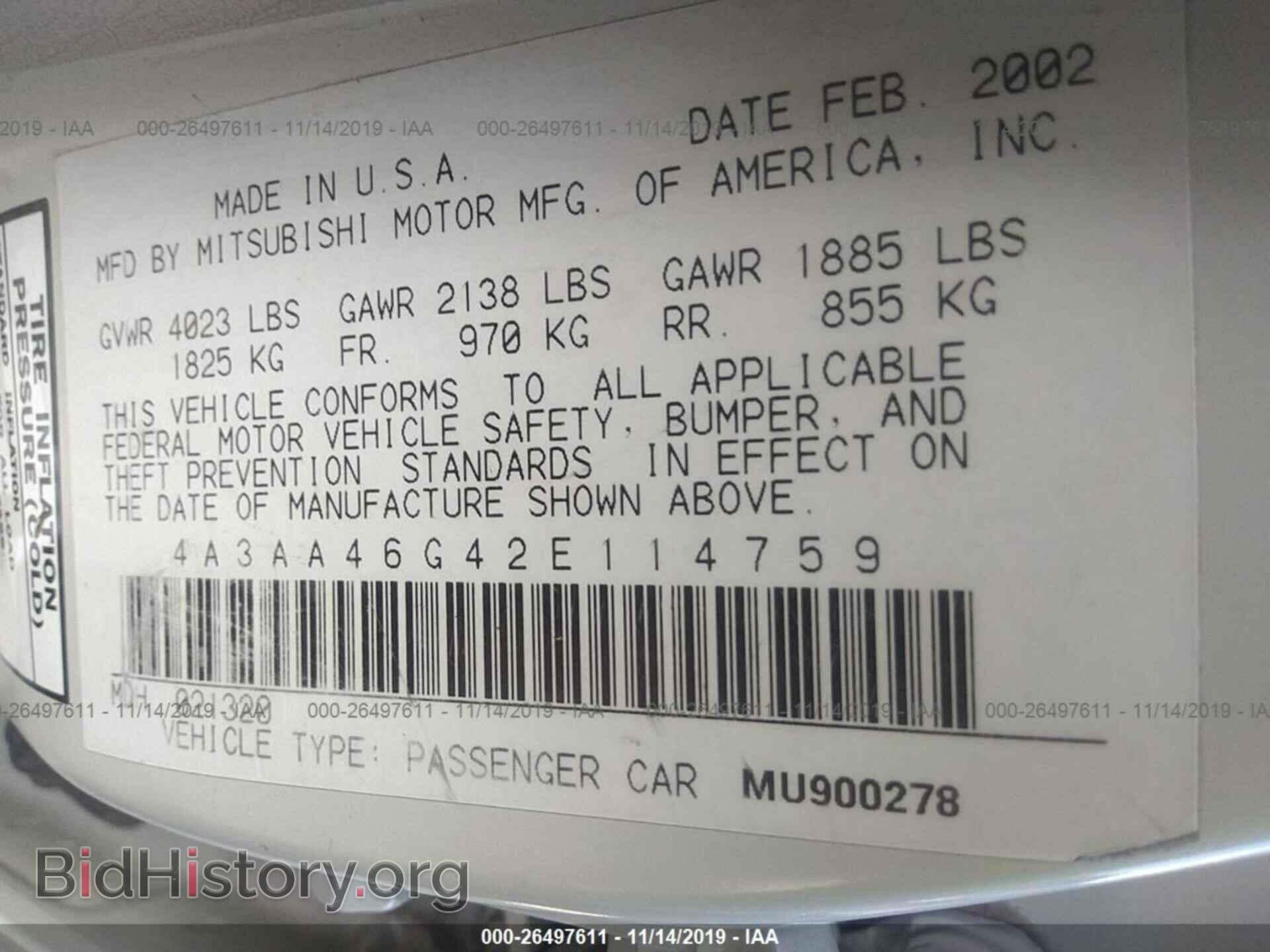 2002 MITSUBISHI GALANT - VIN: 4A3AA46G42E114759 - Photo 9