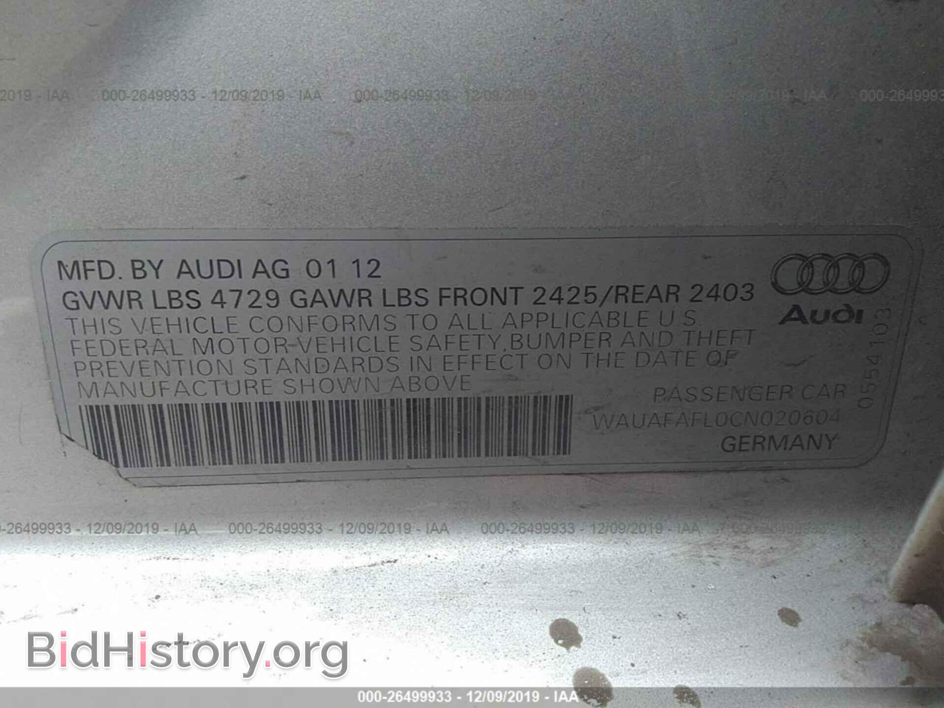2012 AUDI A4 - VIN: WAUAFAFL0CN020604 - Фото 9