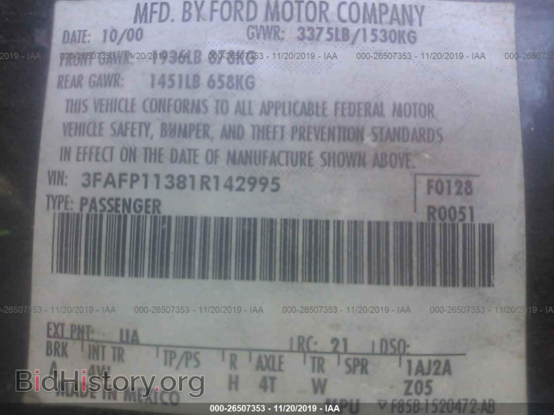 2001 FORD ESCORT - VIN: 3FAFP11381R142995 - Фото 9