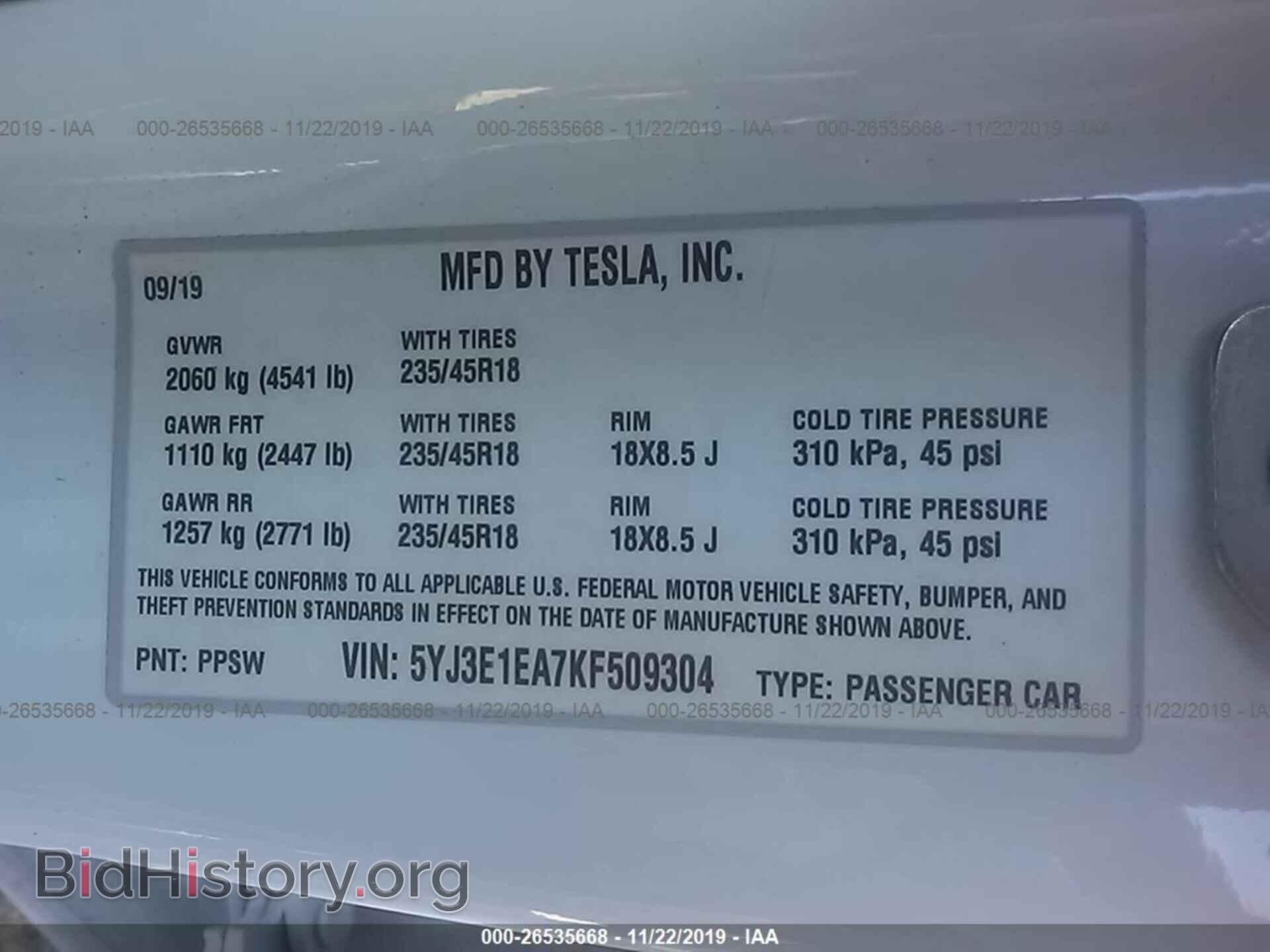 2019 TESLA MODEL 3 - VIN: 5YJ3E1EA7KF509304 - Фото 9