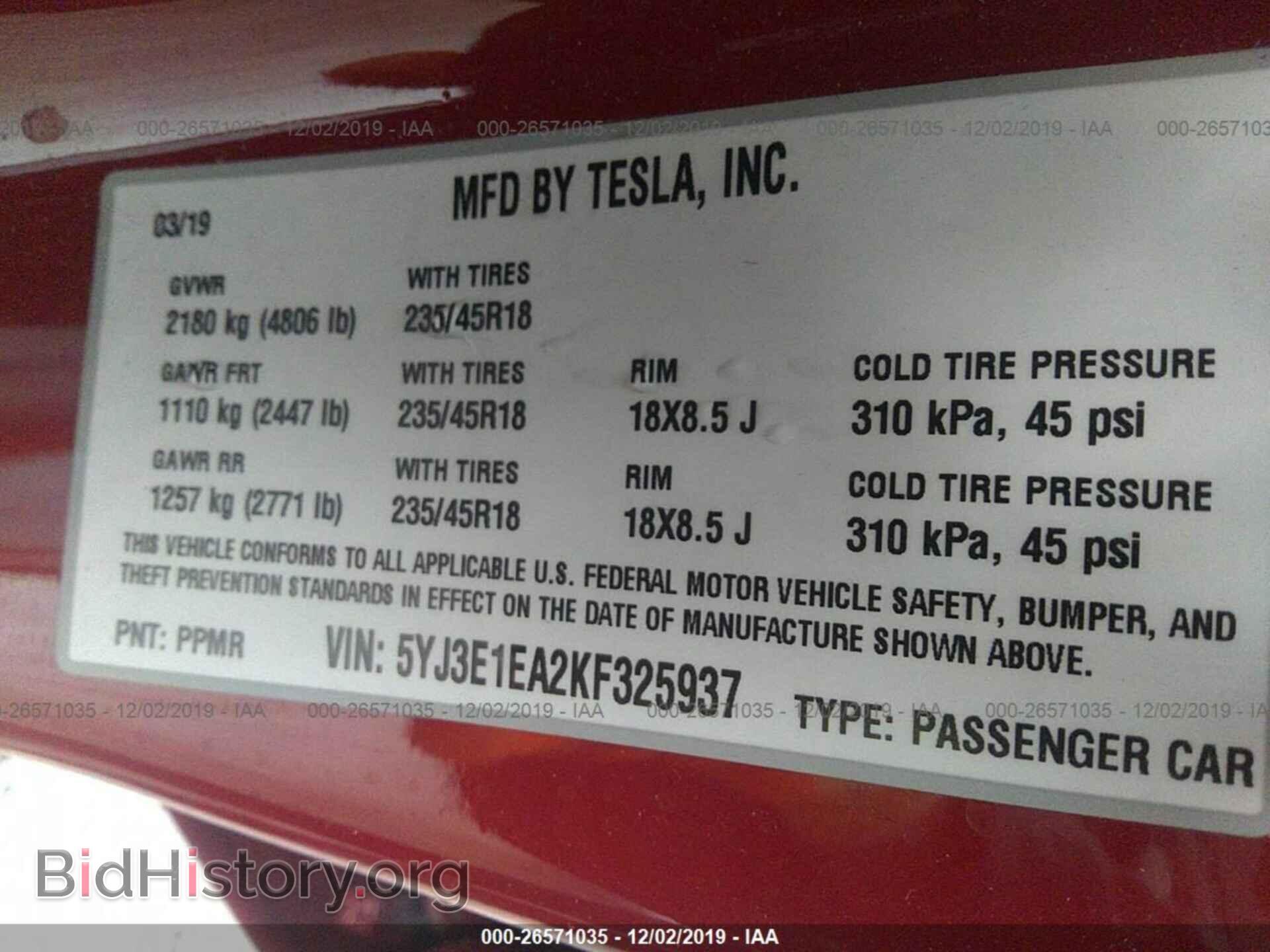 2019 TESLA MODEL 3 - VIN: 5YJ3E1EA2KF325937 - Фото 9