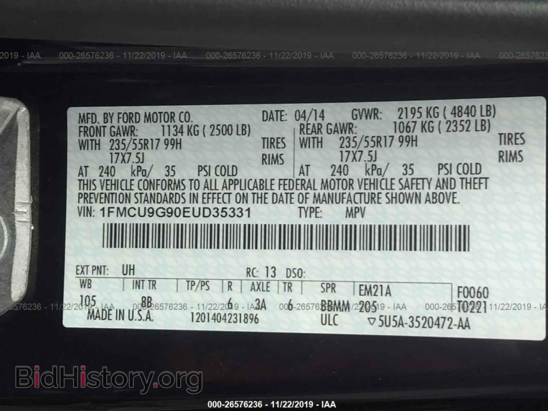 2014 FORD ESCAPE - VIN: 1FMCU9G90EUD35331 - Фото 9