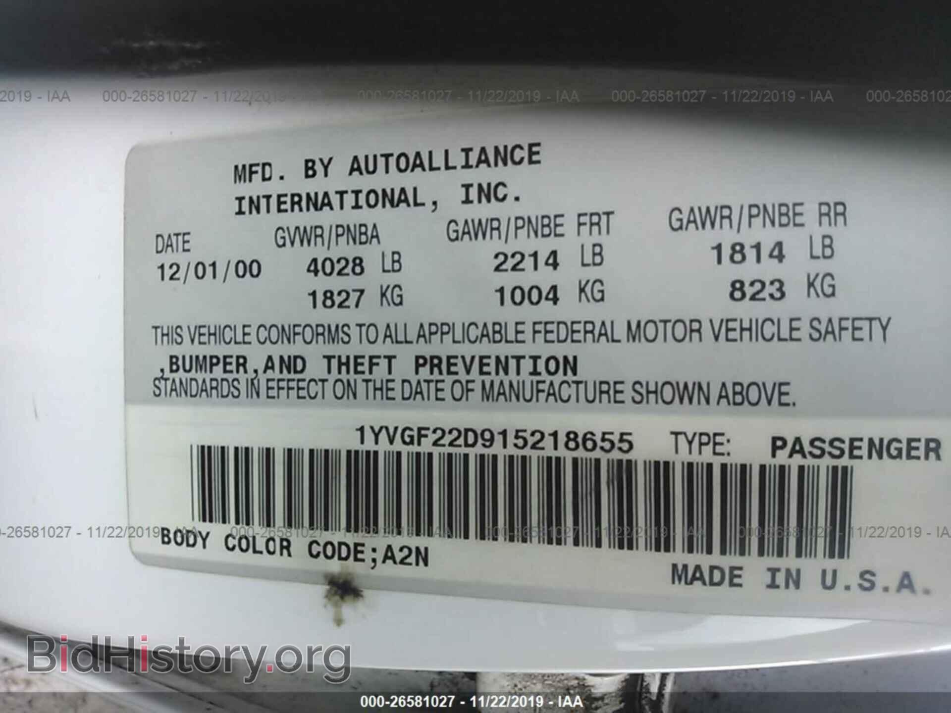 2001 MAZDA 626 - VIN: 1YVGF22D915218655 - Фото 9