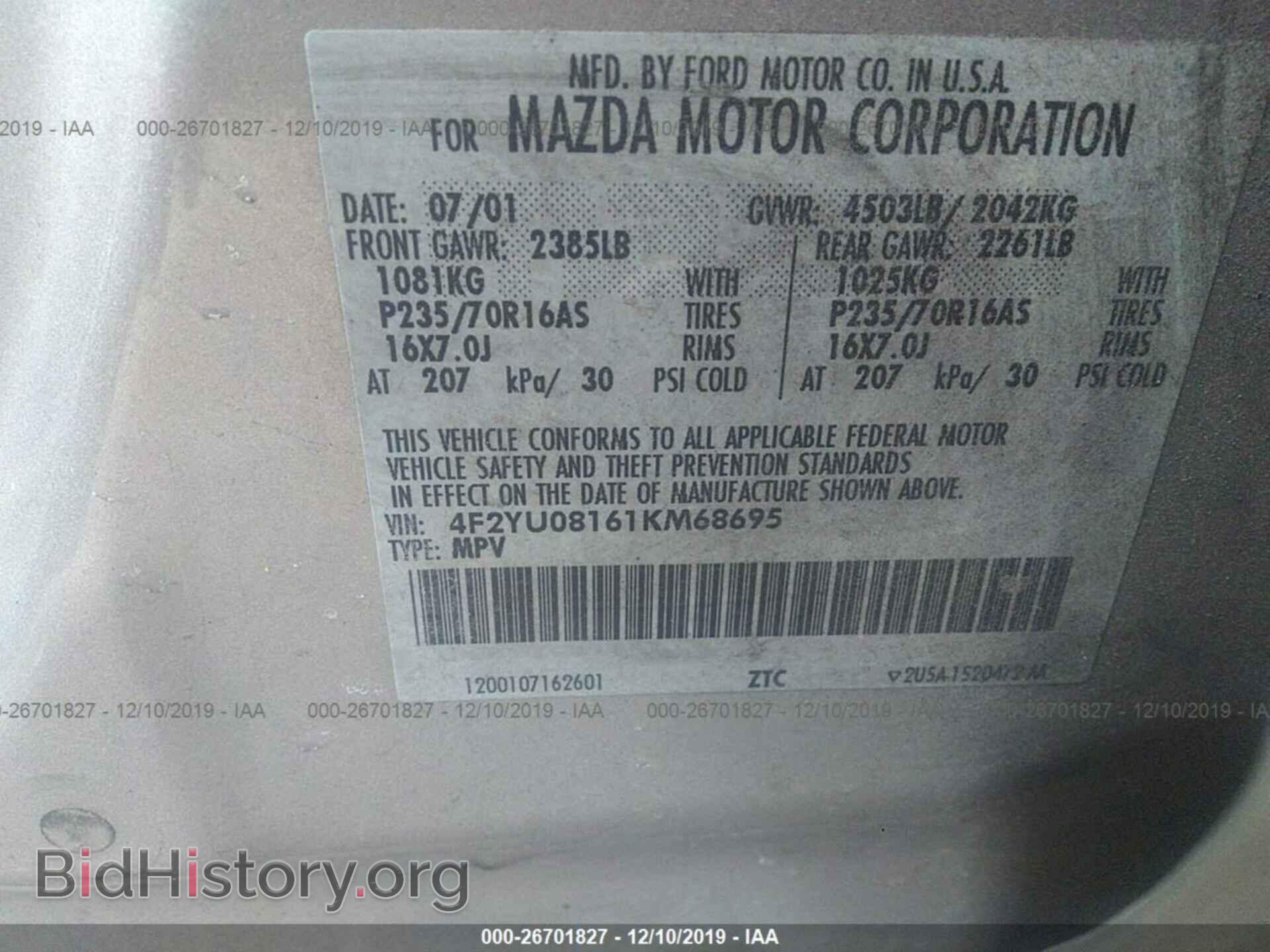 2001 MAZDA TRIBUTE - VIN: 4F2YU08161KM68695 - Фото 9