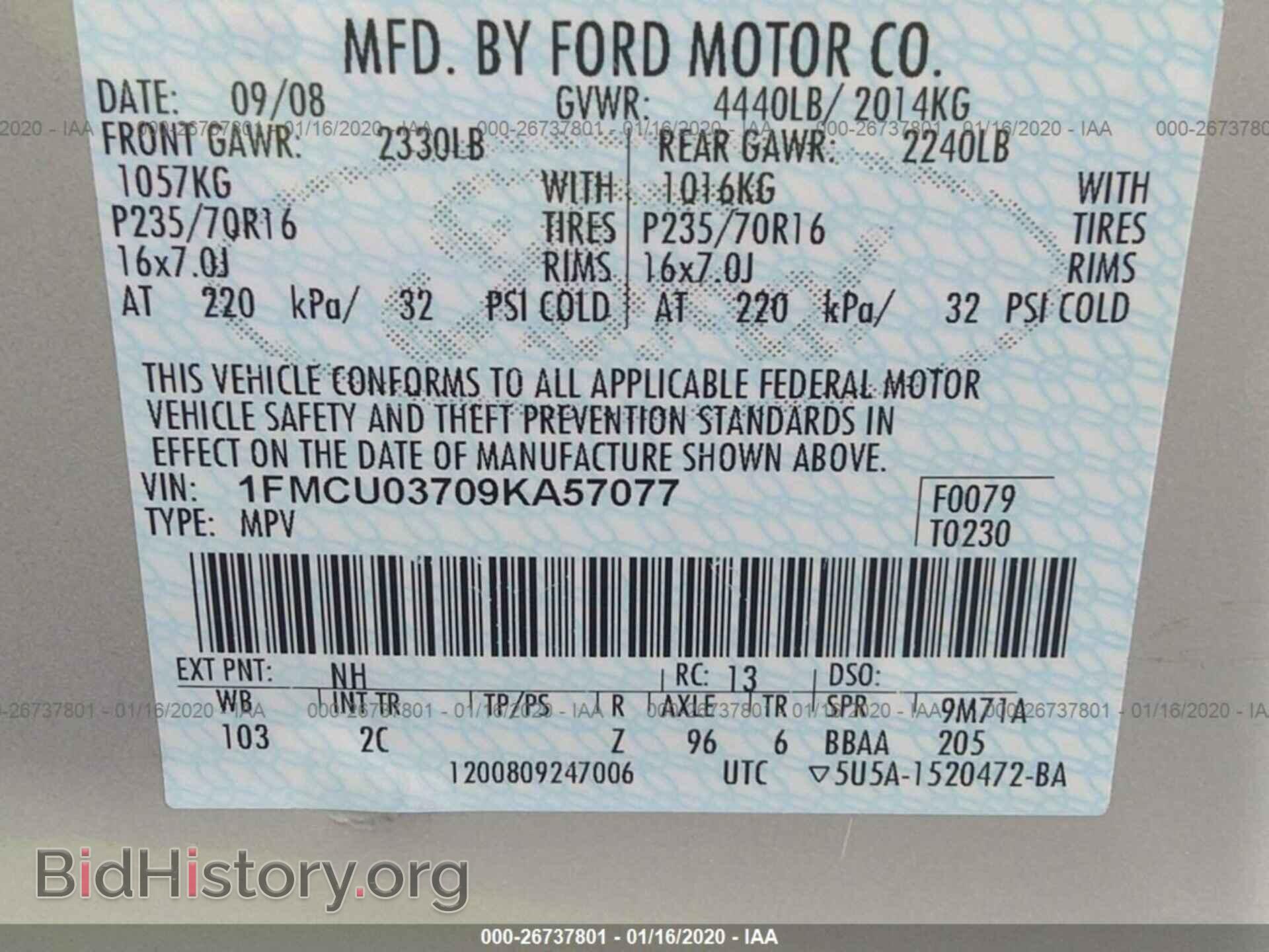 2009 FORD ESCAPE - VIN: 1FMCU03709KA57077 - Фото 9
