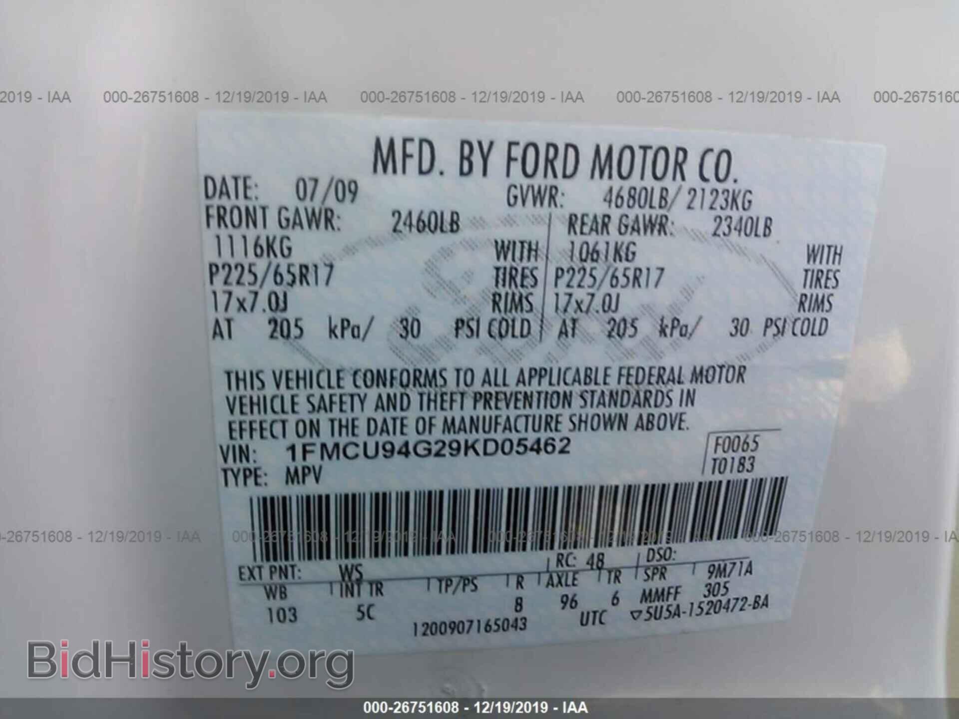 2009 FORD ESCAPE - VIN: 1FMCU94G29KD05462 - Фото 9