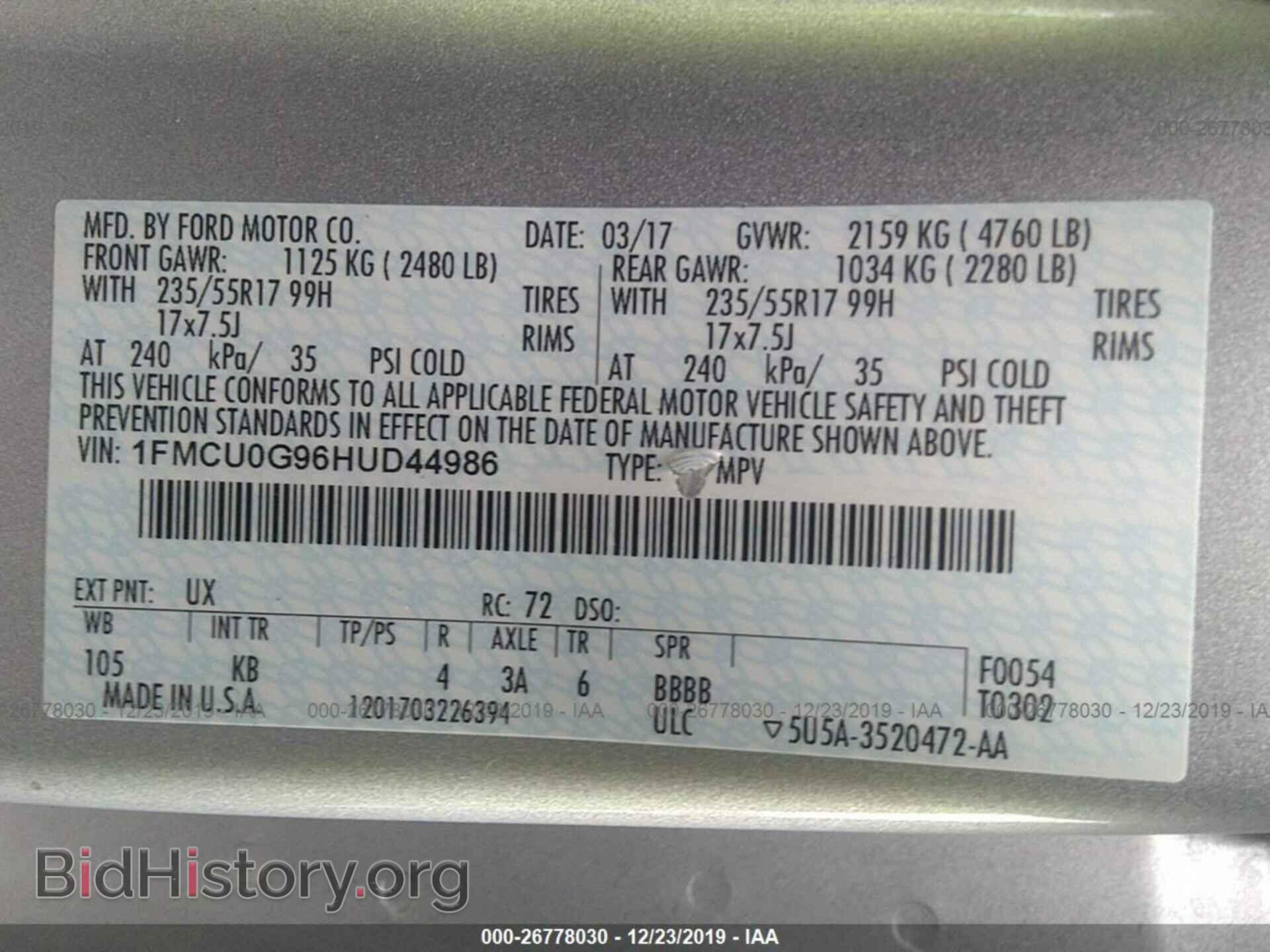 2017 FORD ESCAPE - VIN: 1FMCU0G96HUD44986 - Photo 9
