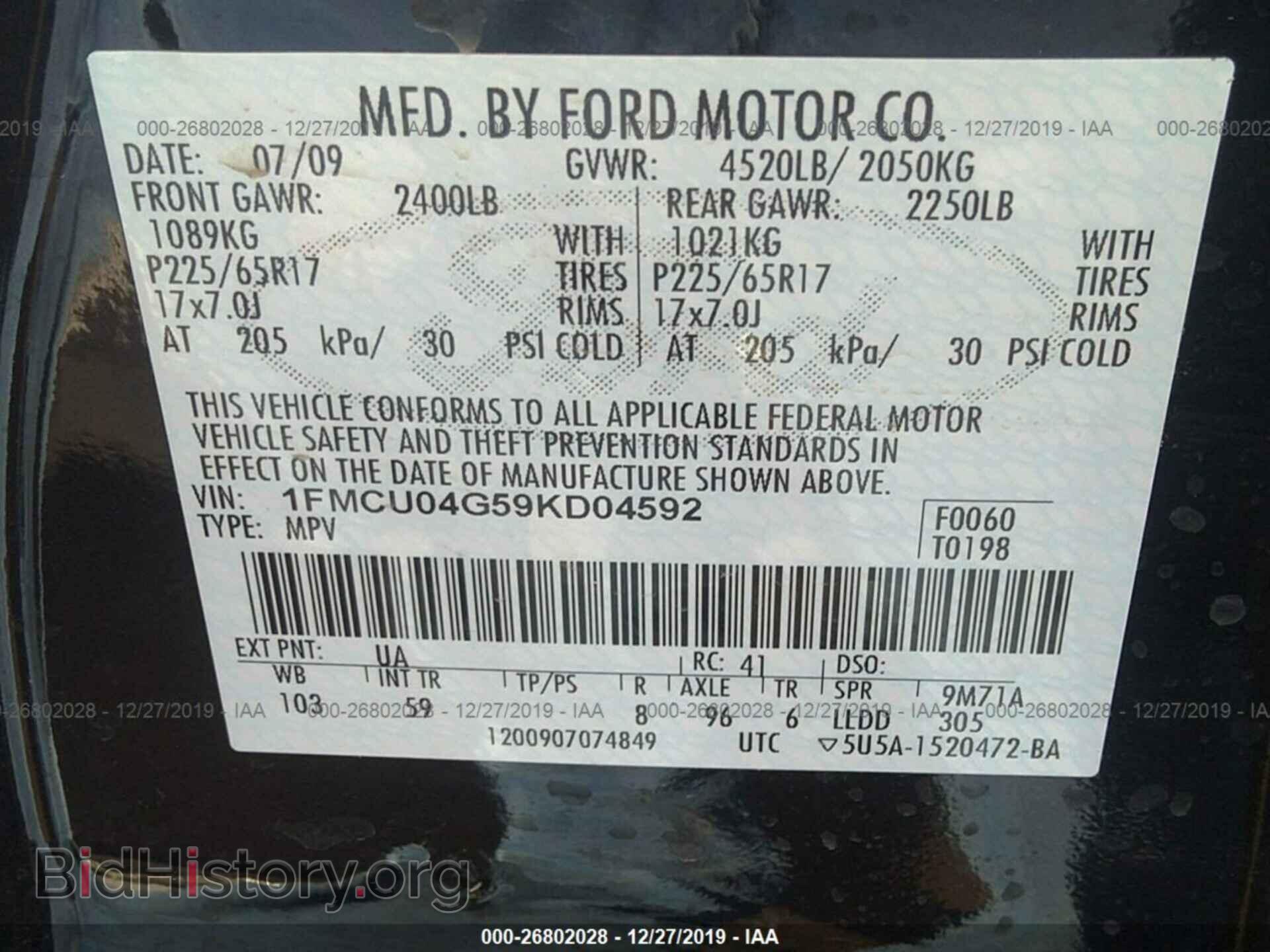 2009 FORD ESCAPE - VIN: 1FMCU04G59KD04592 - Photo 9