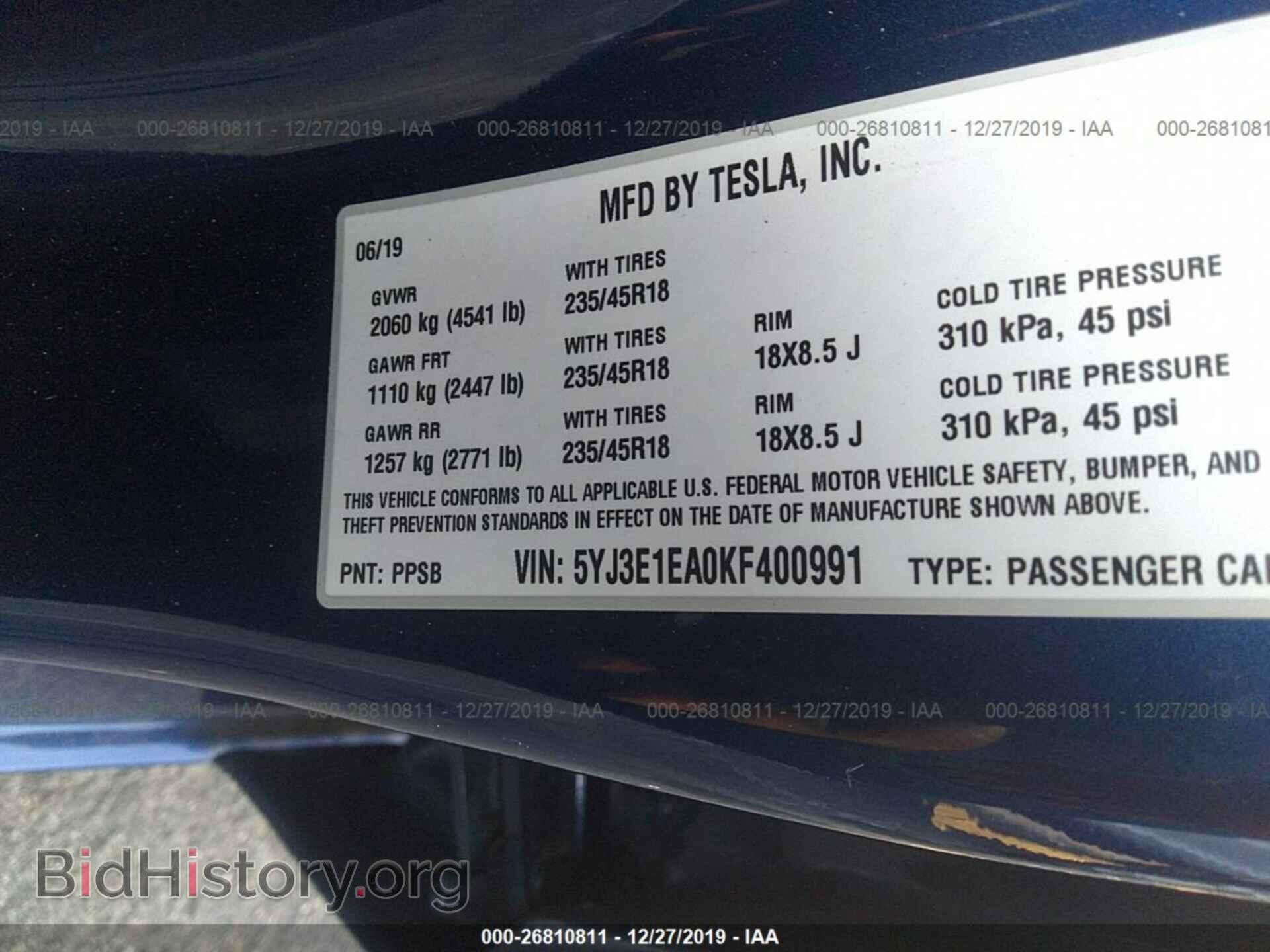 2019 TESLA MODEL 3 - VIN: 5YJ3E1EA0KF400991 - Фото 9