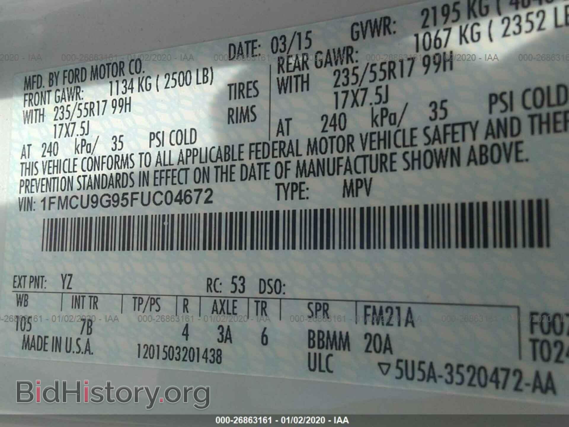 2015 FORD ESCAPE - VIN: 1FMCU9G95FUC04672 - Фото 9