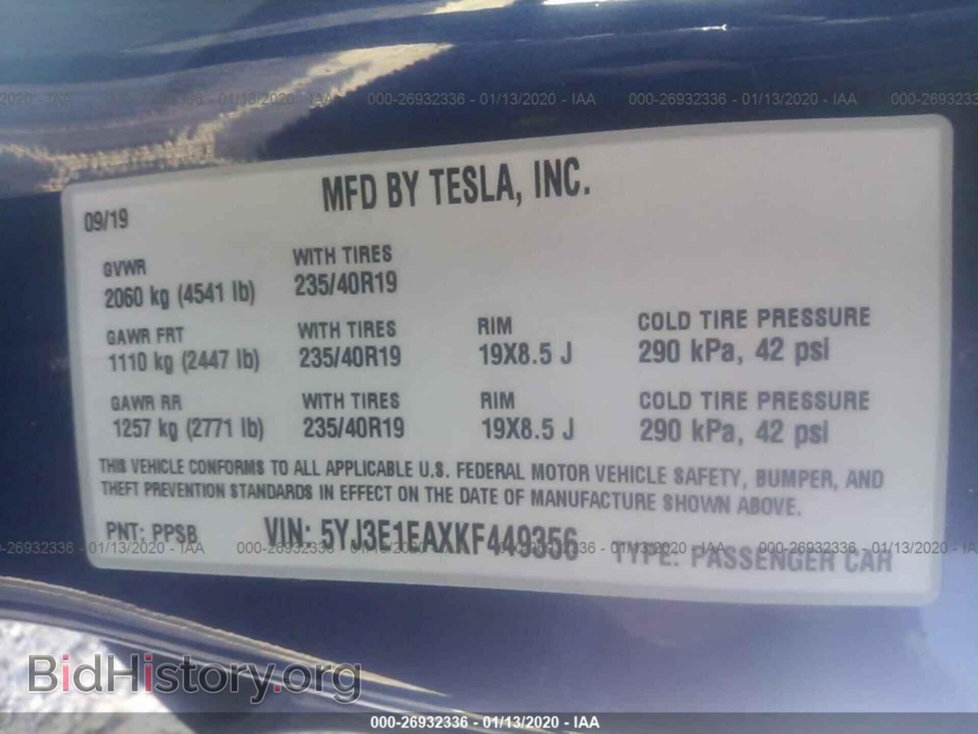 2019 TESLA MODEL 3 - VIN: 5YJ3E1EAXKF449356 - Фото 9