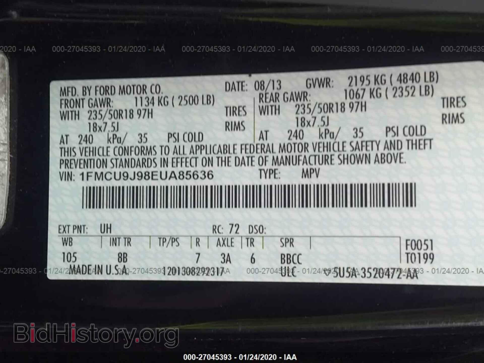 2014 FORD ESCAPE - VIN: 1FMCU9J98EUA85636 - Фото 9
